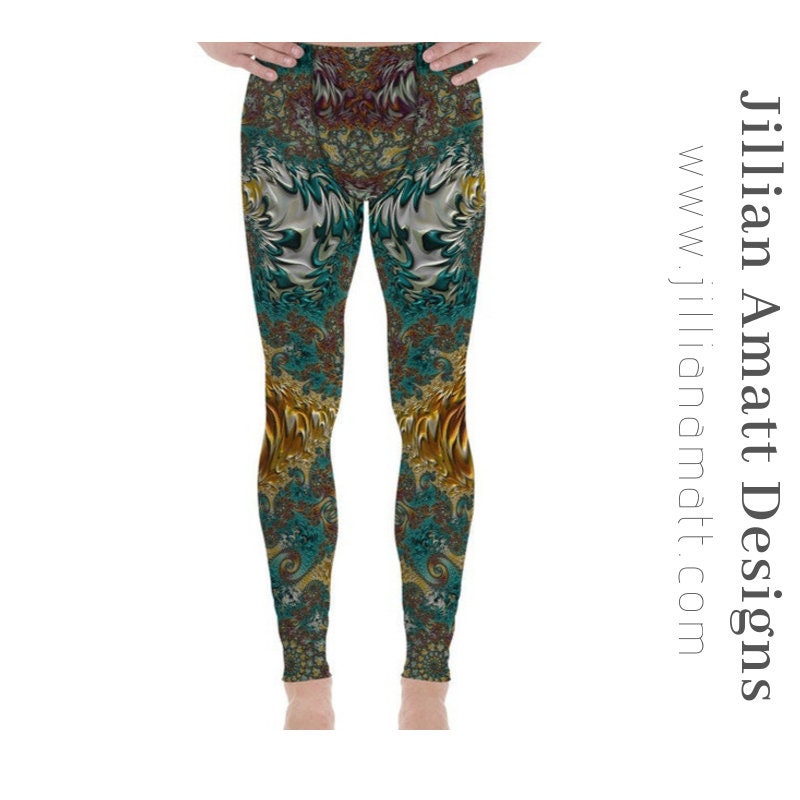 Men's Funky Leggings! Red, Green, Gold Trippy Fractal Men's Tights for Dance