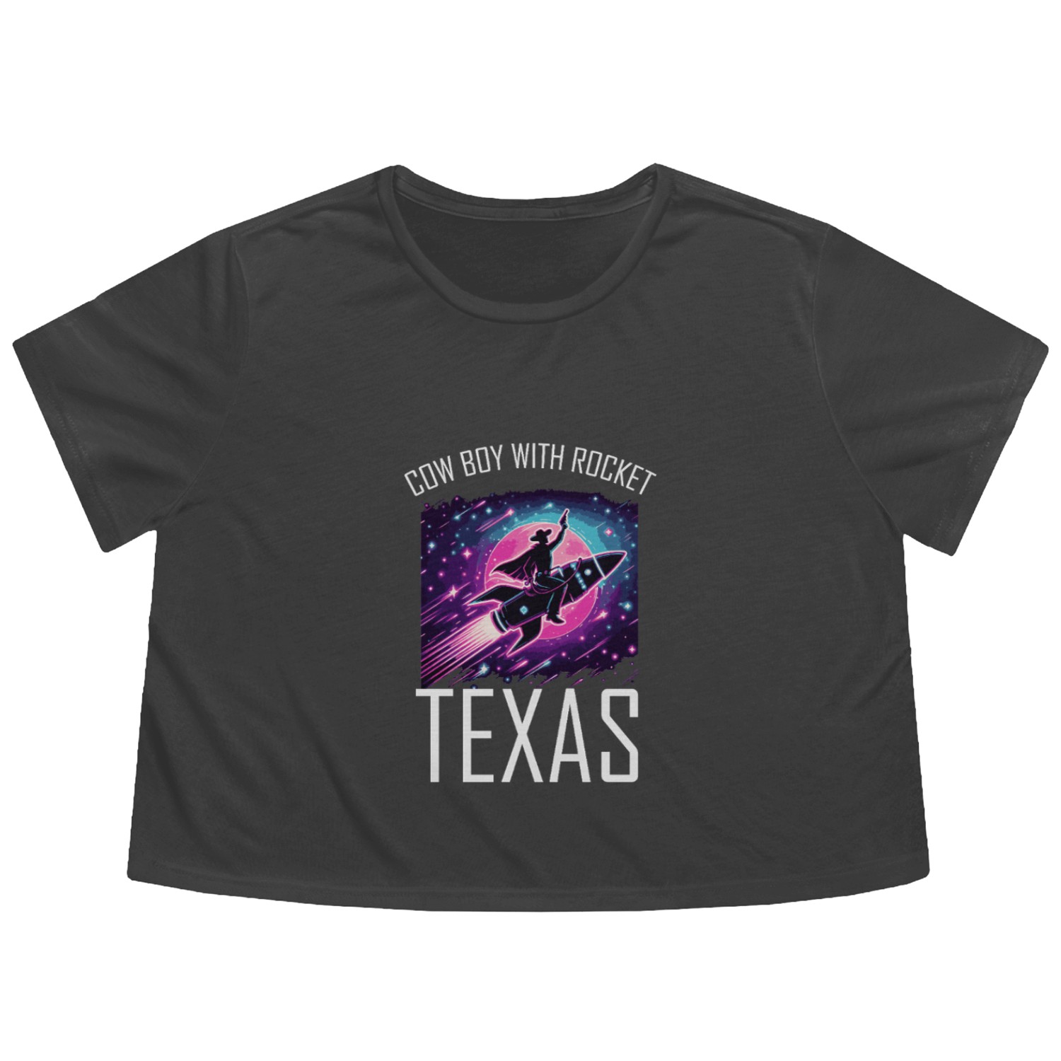 Cowboy with Rocket – Texas Space Adventure Flowy Cropped Tees