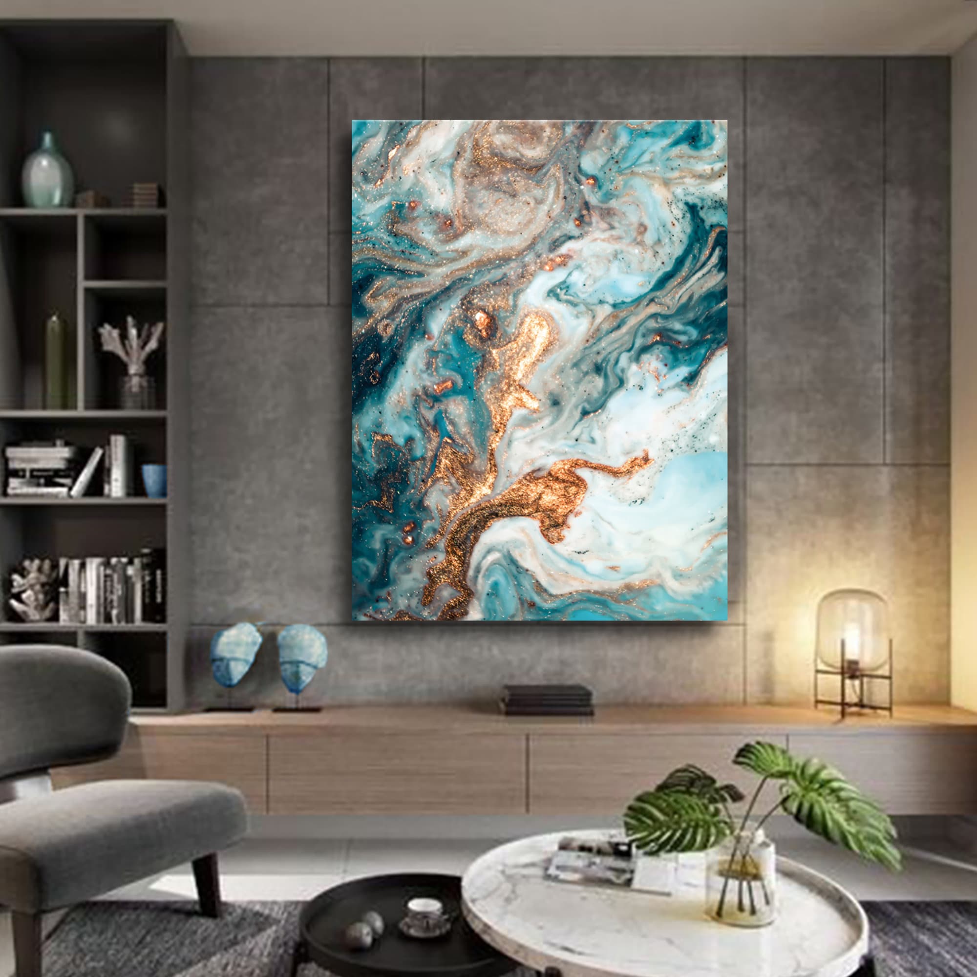 Fluid Art Canvas Painting: Teal & Gold Abstract, Ready to Hang