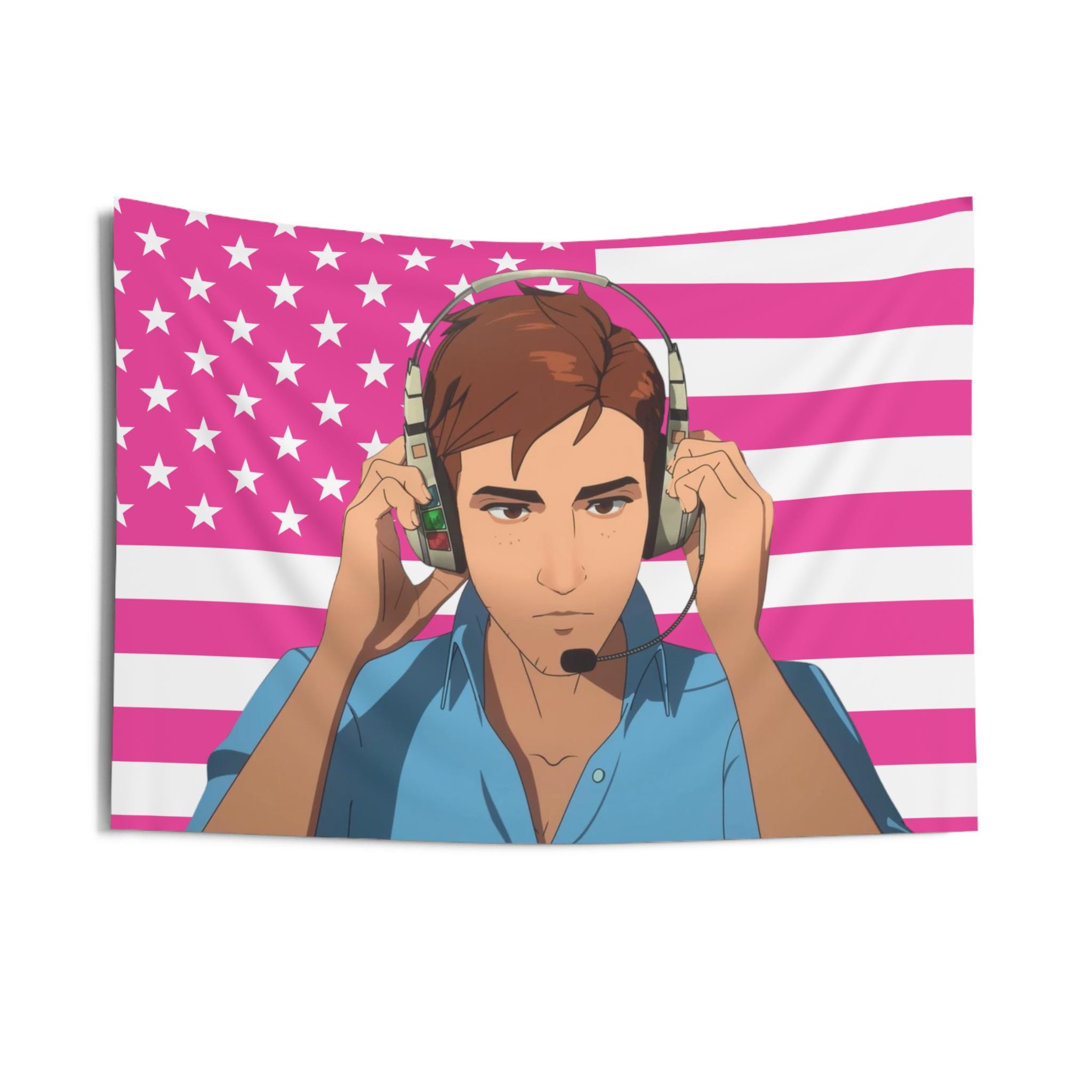 Robert Robertson Headphone Flag, Mecha Man Indoor Wall Tapestries, Mecha Man Dispatch Pink Flag