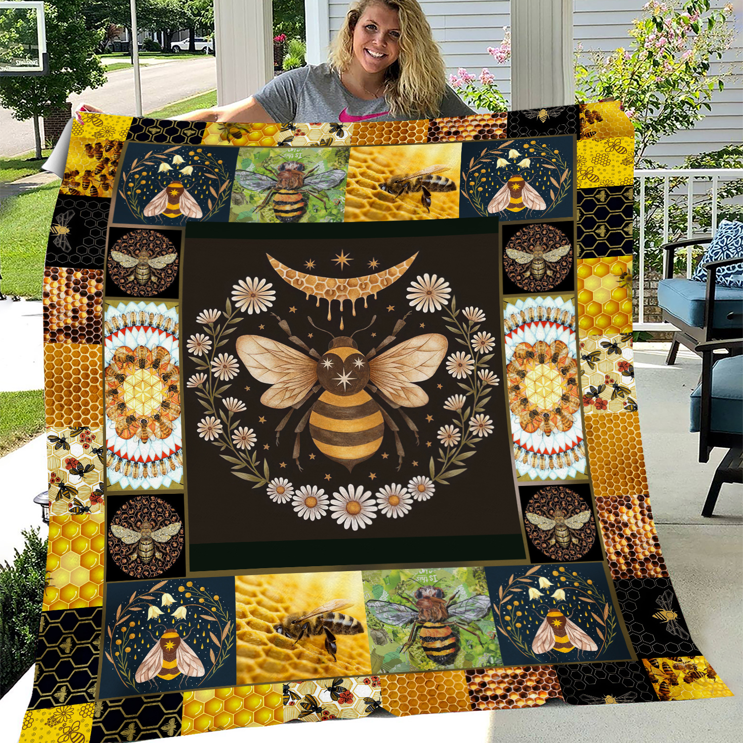 Vintage Bee Pattern Fleece Blanket, Vintage Bee Pattern Fleece Blanket