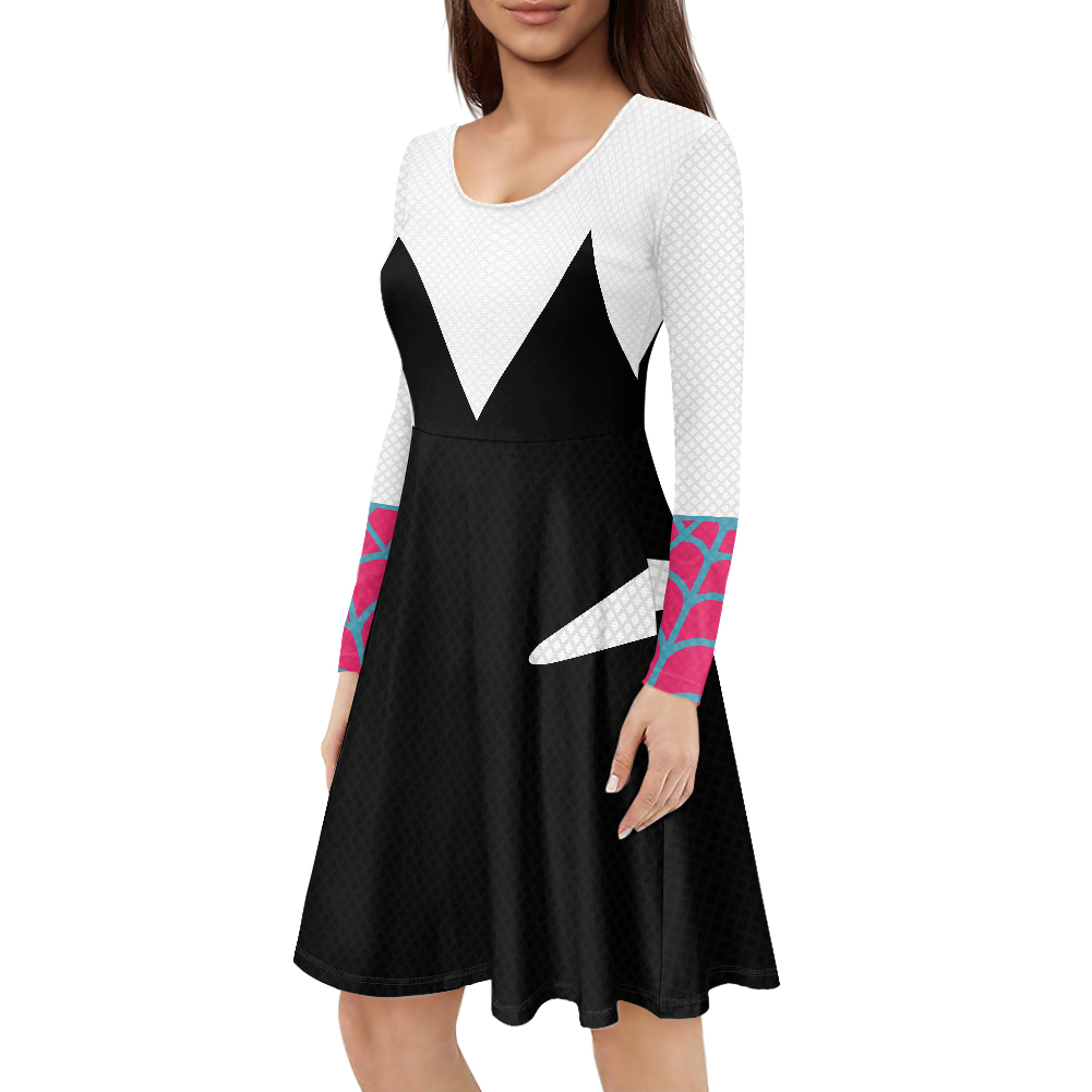 Gwen Stacy Ghost Spider Dress Black Pink White Long Sleeve Midi Dress, Adult Casual Cosplay Costume