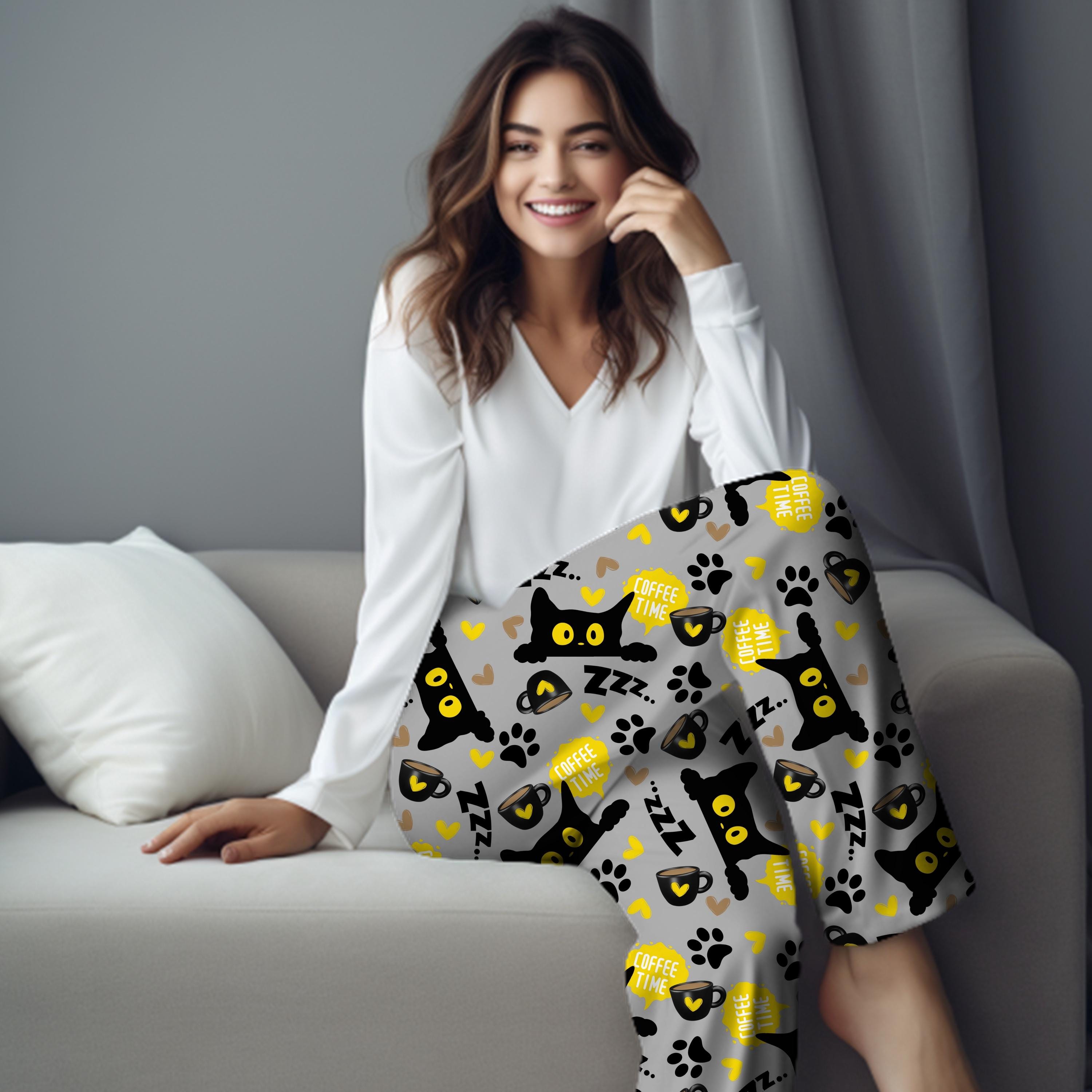 Coffee Time Black Cat PJ Pants, Cat Lounge Pants, Cat Lovers PJ Pants, Friend Birthday Gift, Cat Lover Gift, Black Cat Lover Christmas Gift