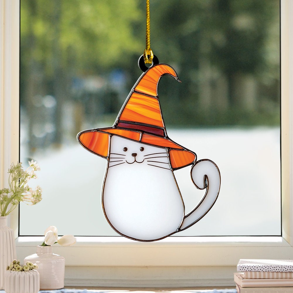 Cute Ghost Cat Halloween Suncatcher, Cute Ghost Cat Window Hanging Decor, Cute Ghost Cat Hanging Ornament Home Decor