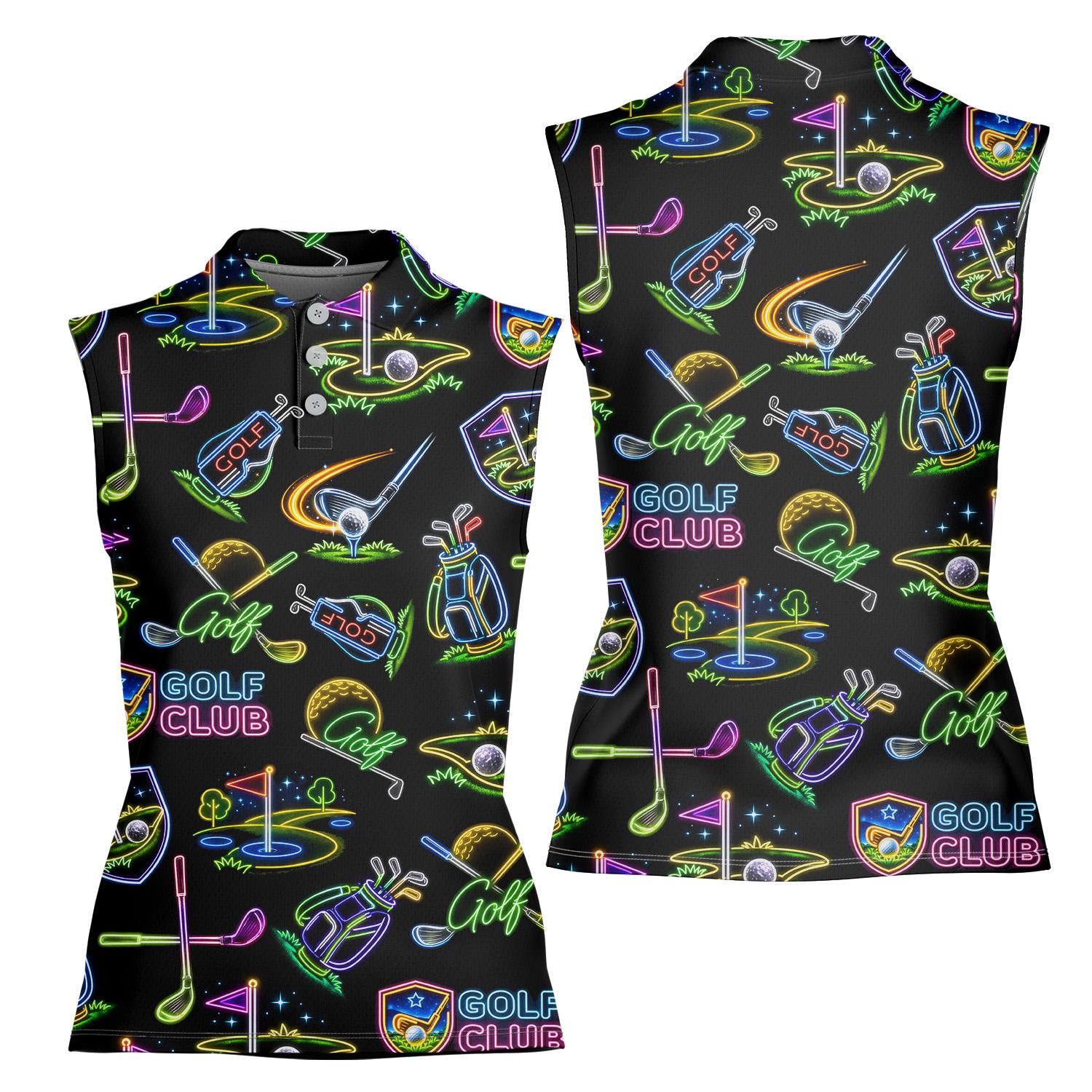 Women's Sleeveless Golf Polo Shirt, Neon Golf Bag and Club Print Pattern, Sleeveless Polo for Golf Enthusiasts, Golf Gift Idea