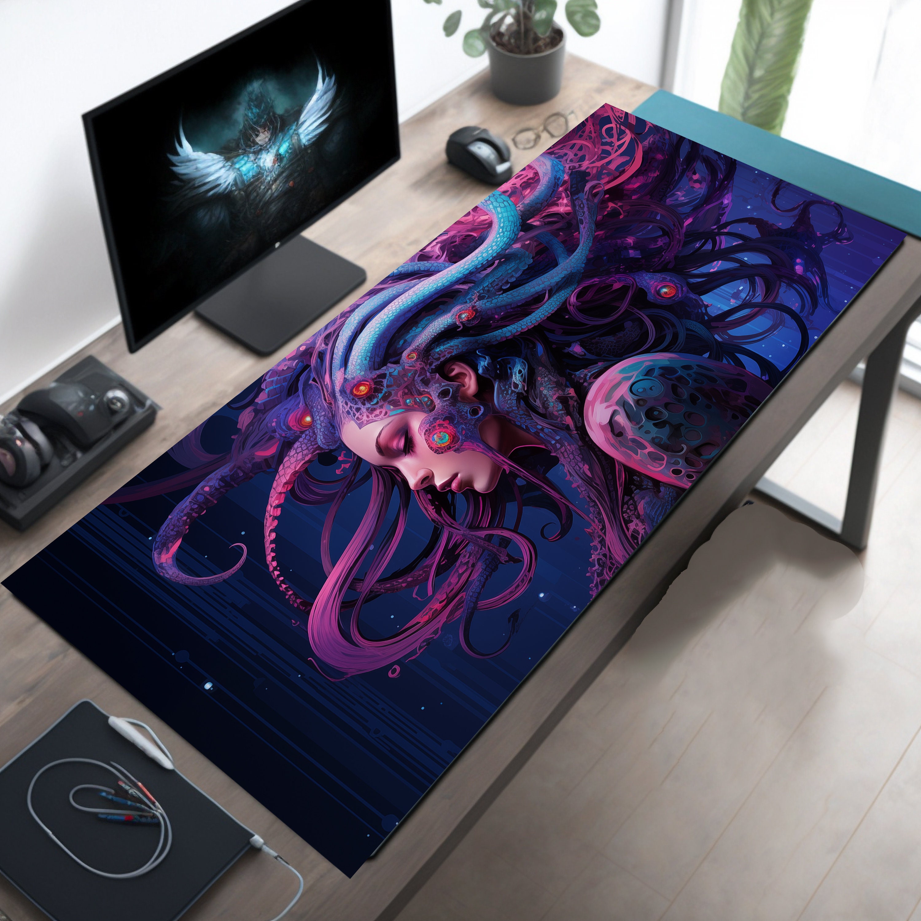 Cyberpunk Desk Mat, Technological Futuristic Medusa Gaming Mousepad
