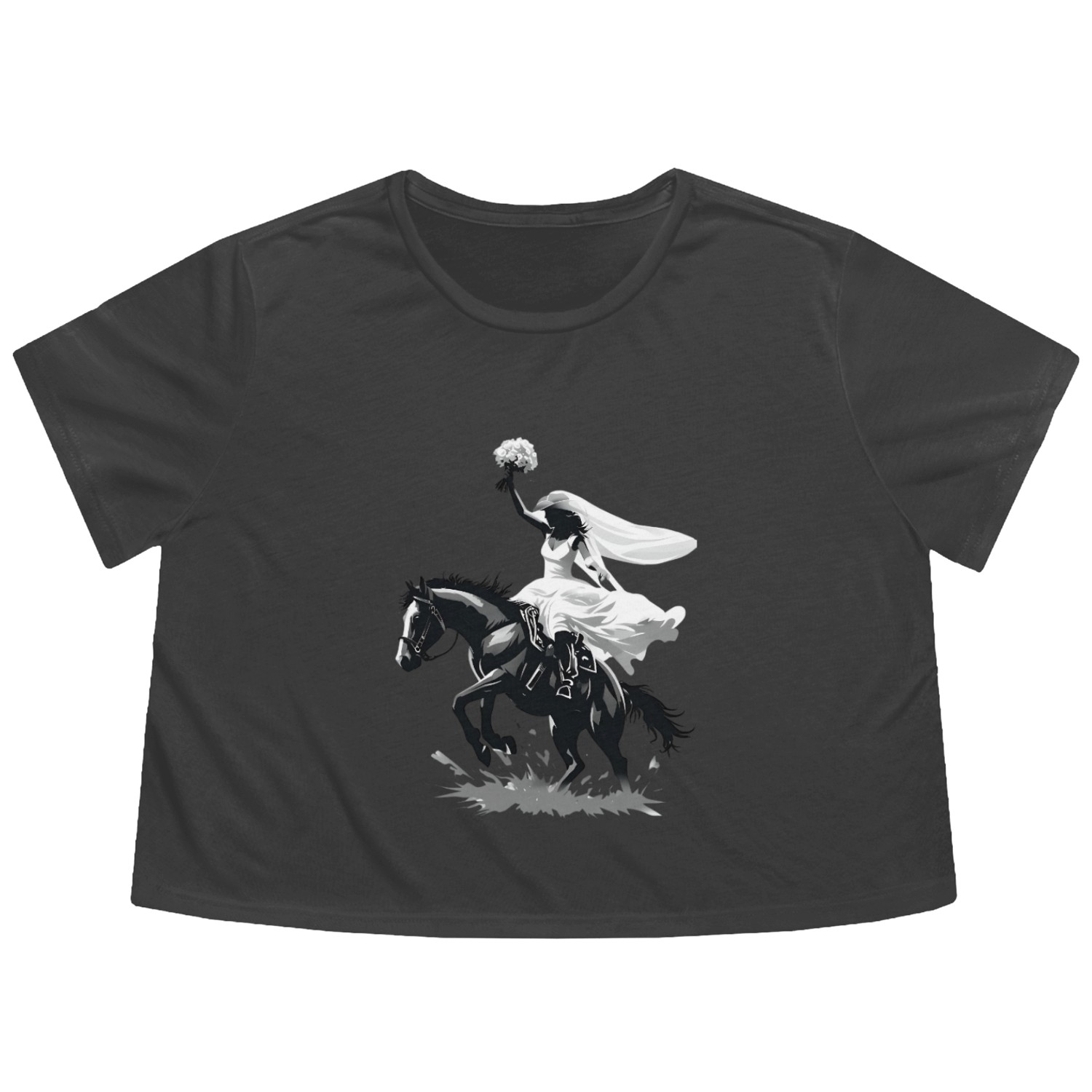 Western Cowgirl Bride on Bucking Horse – Grayscale Flowy Cropped Tees