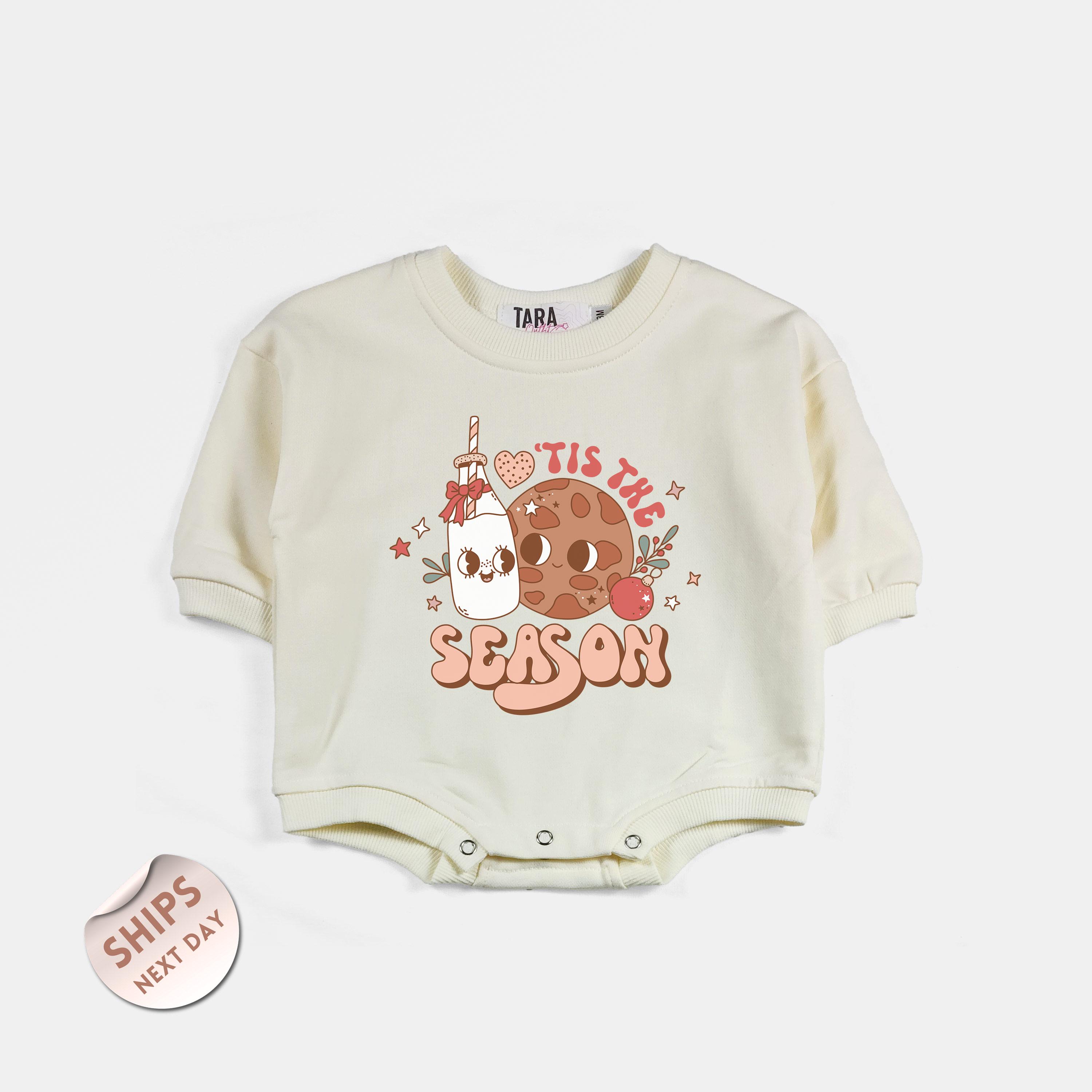 Tis The Season Milk and Cookies Baby Bodysuit, Cute Groovy Retro Toddler Sweatshirt, Kids Matching Xmas Gifts, Baby Shower Gift