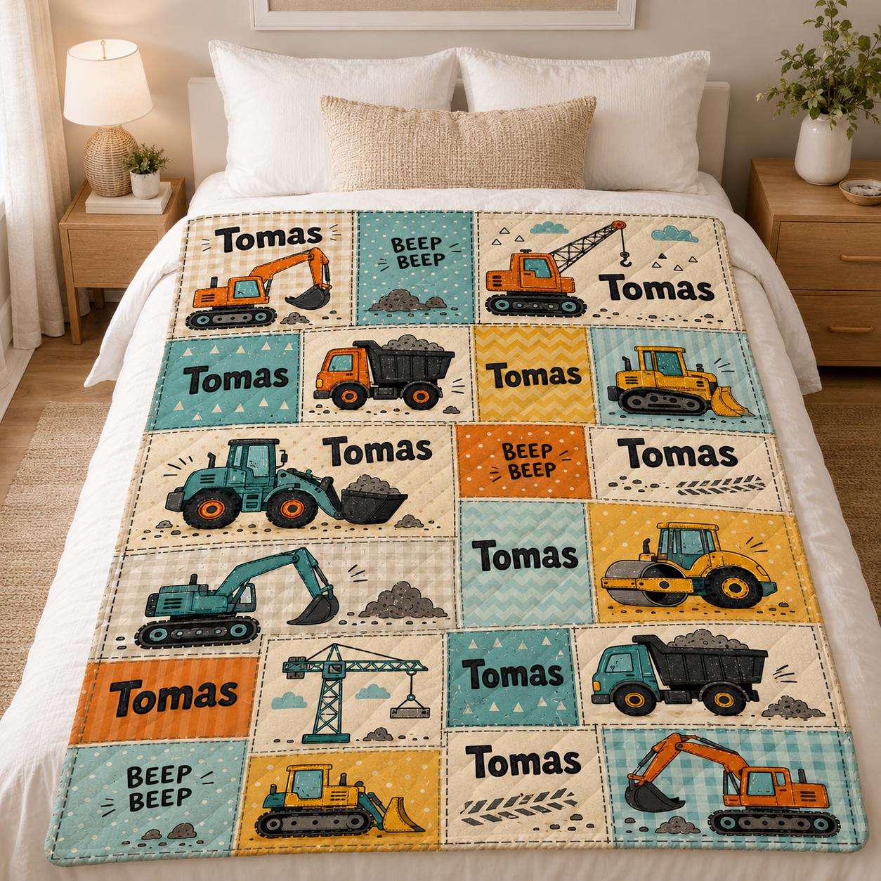Personalized Construction Quilt Blanket, Custom Name Excavator Truck Nursery Quilt