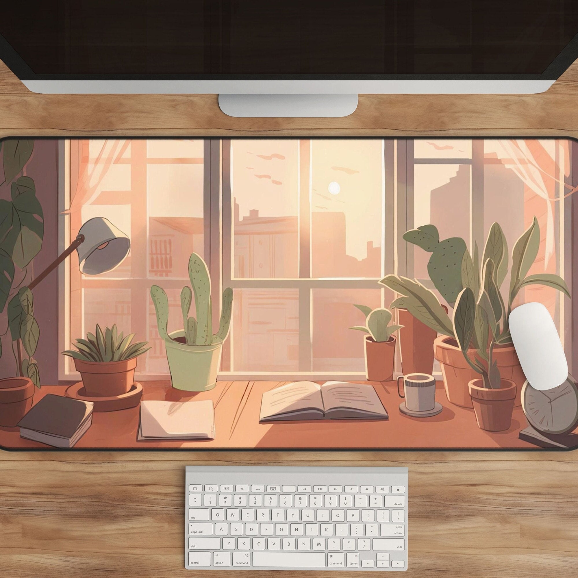 Lofi Desk Mat with Cozy Windowsill Scene, Large Mouse Pad