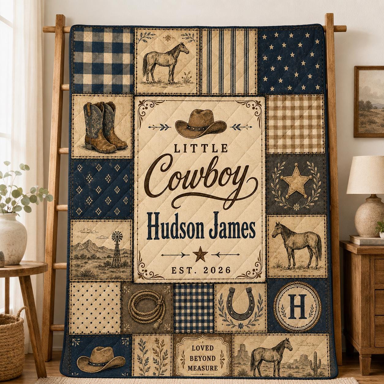 Personalized Cowboy Quilt Blanket, Custom Name Western Horse Nursery Quilt