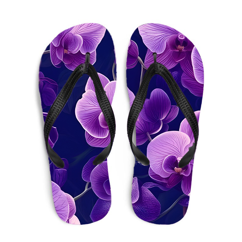 Purple Orchid Flip Flops Floral Summer Sandals for Beach, Pool, and Vacation Days