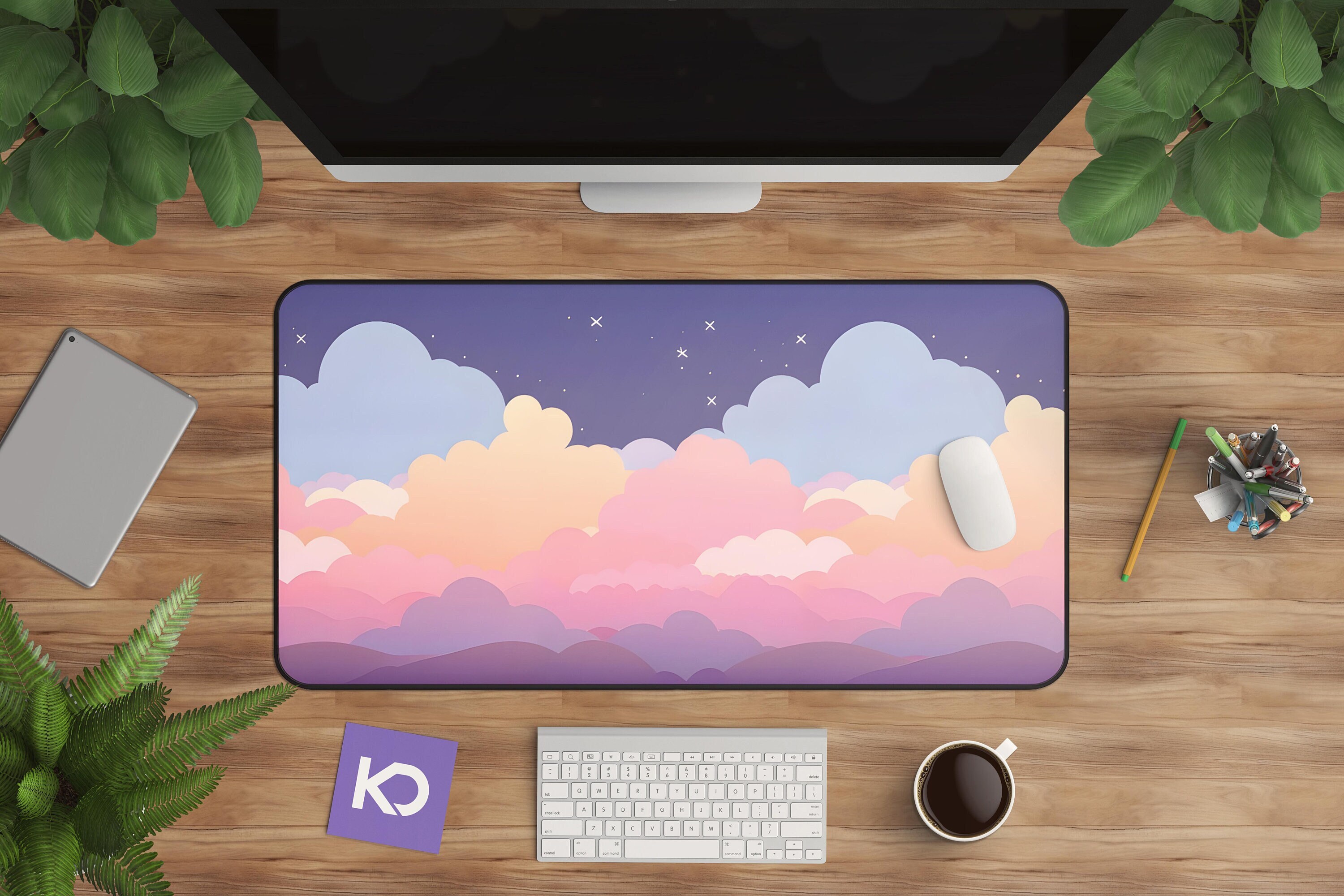 Pastel Clouds Desk Mat - Sunset Workspace Mousepad for Home Office