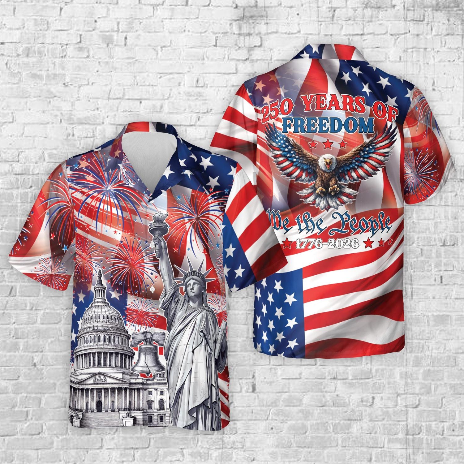 America 250th Anniversary Hawaiian Shirt, 250 Years Of Freedom Button Shirt, Patriotic Eagle 1776 2026, Statue Of Liberty, US Flag Shirt