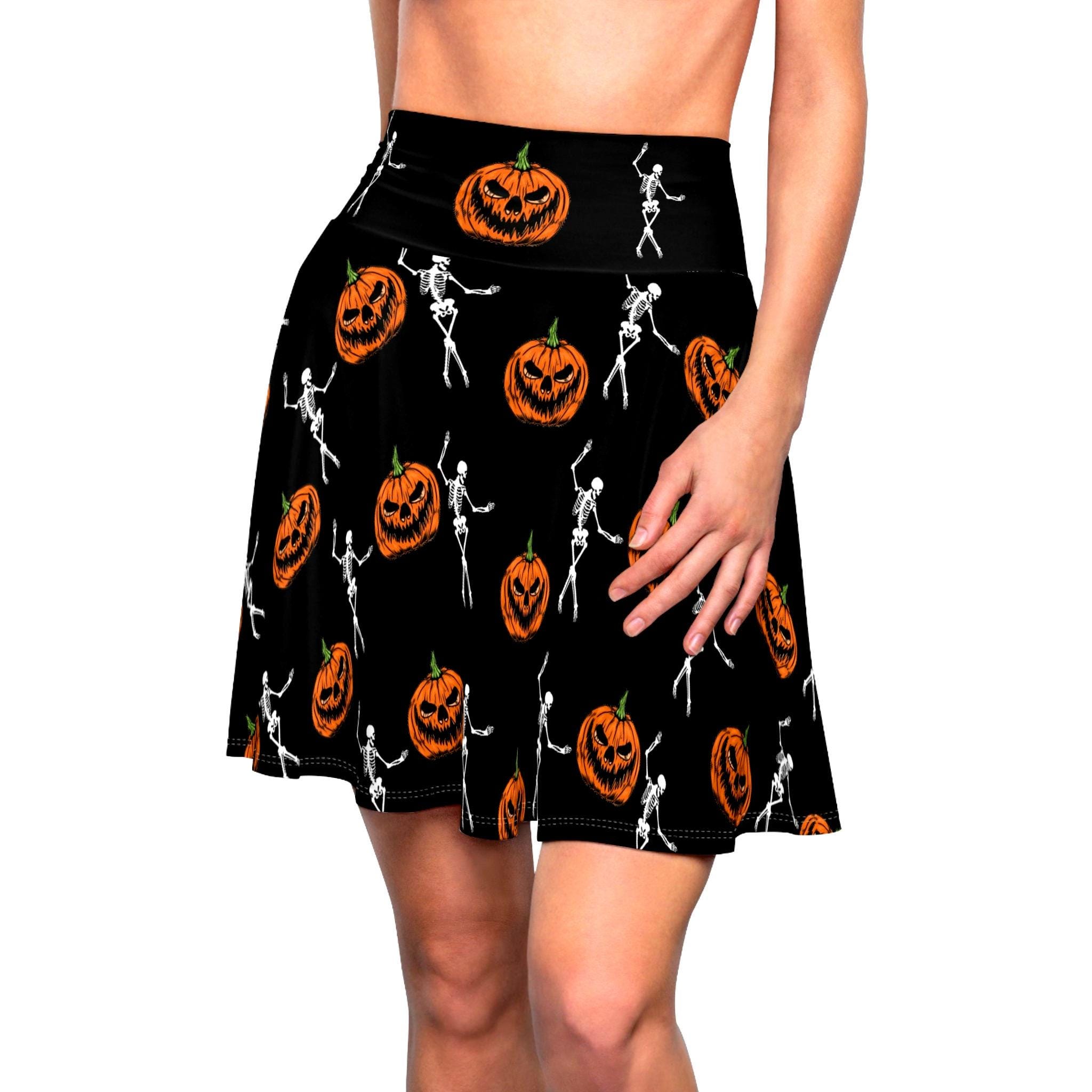 Halloween Skirt, Women's Versatile Fit Skater Skirt, Skeleton and Pumkin Printed Circle Skirt, Women's Halloween Clothes, Costume Skirts