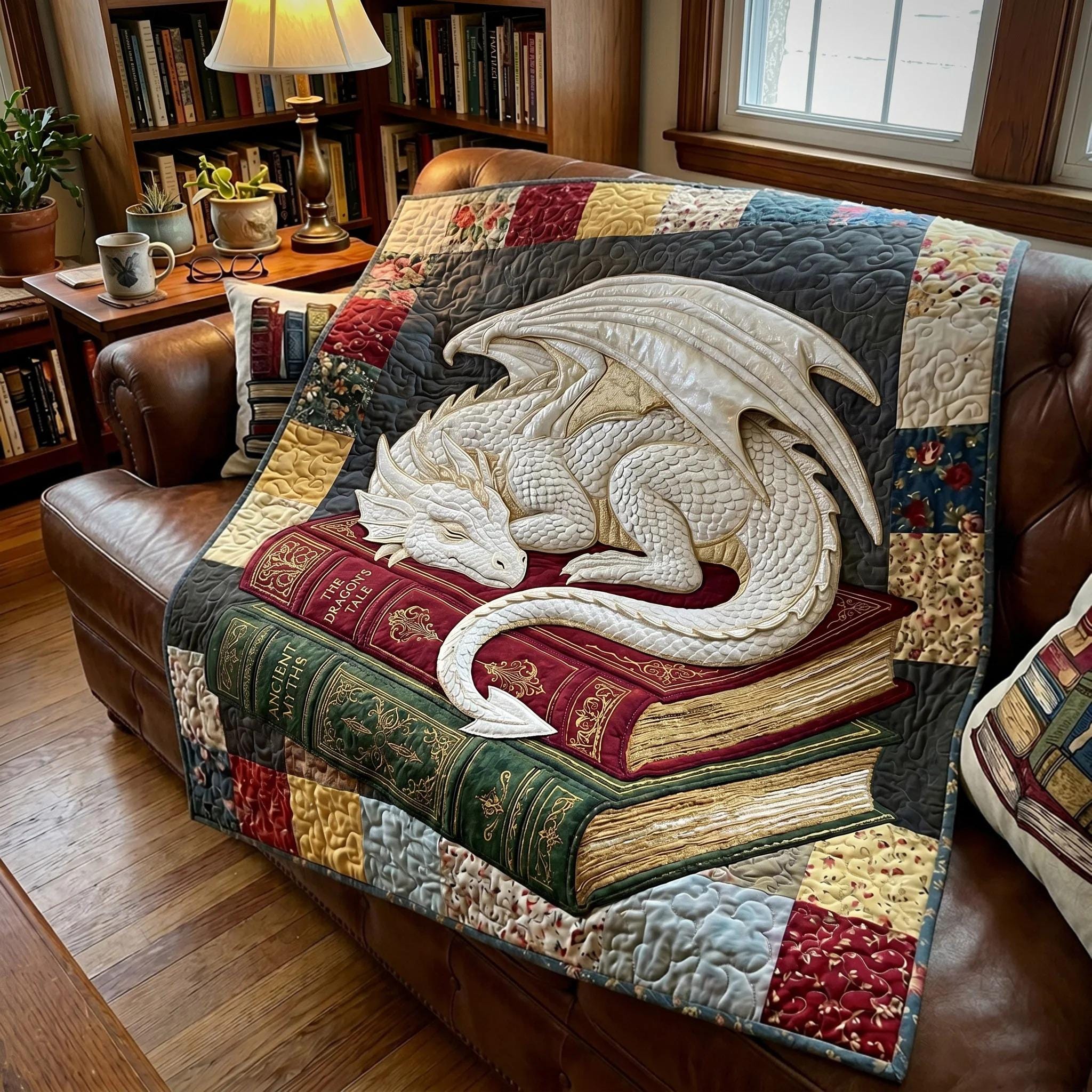 White Dragon Book Blanket, Fantasy Reading, Library Aesthetic Quilt, Cozy Literary Decor, Dragon Lover Gift