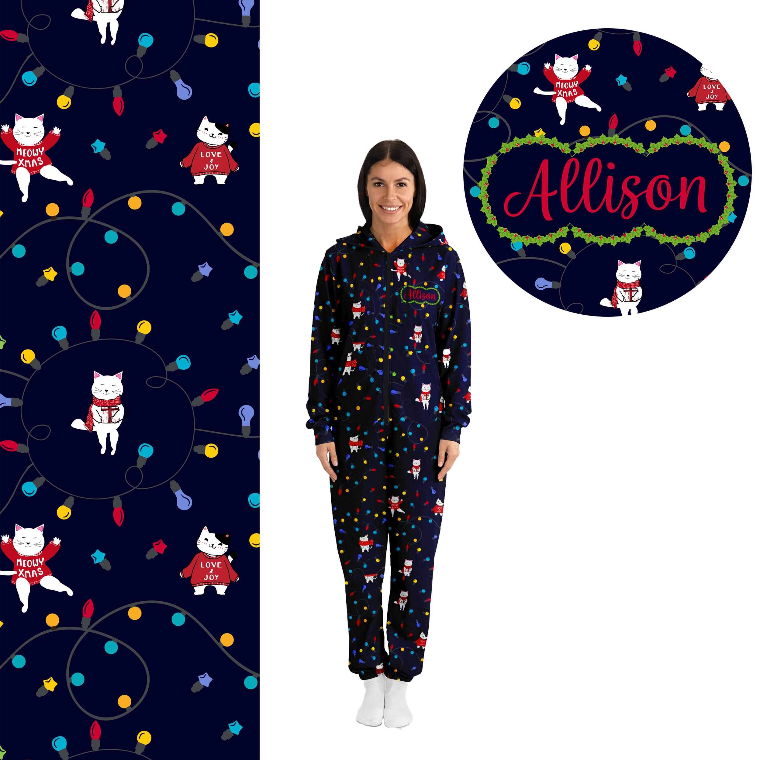 Christmas Cats Hooded Jumpsuit | Adult Jumpsuit | Adult Onesie