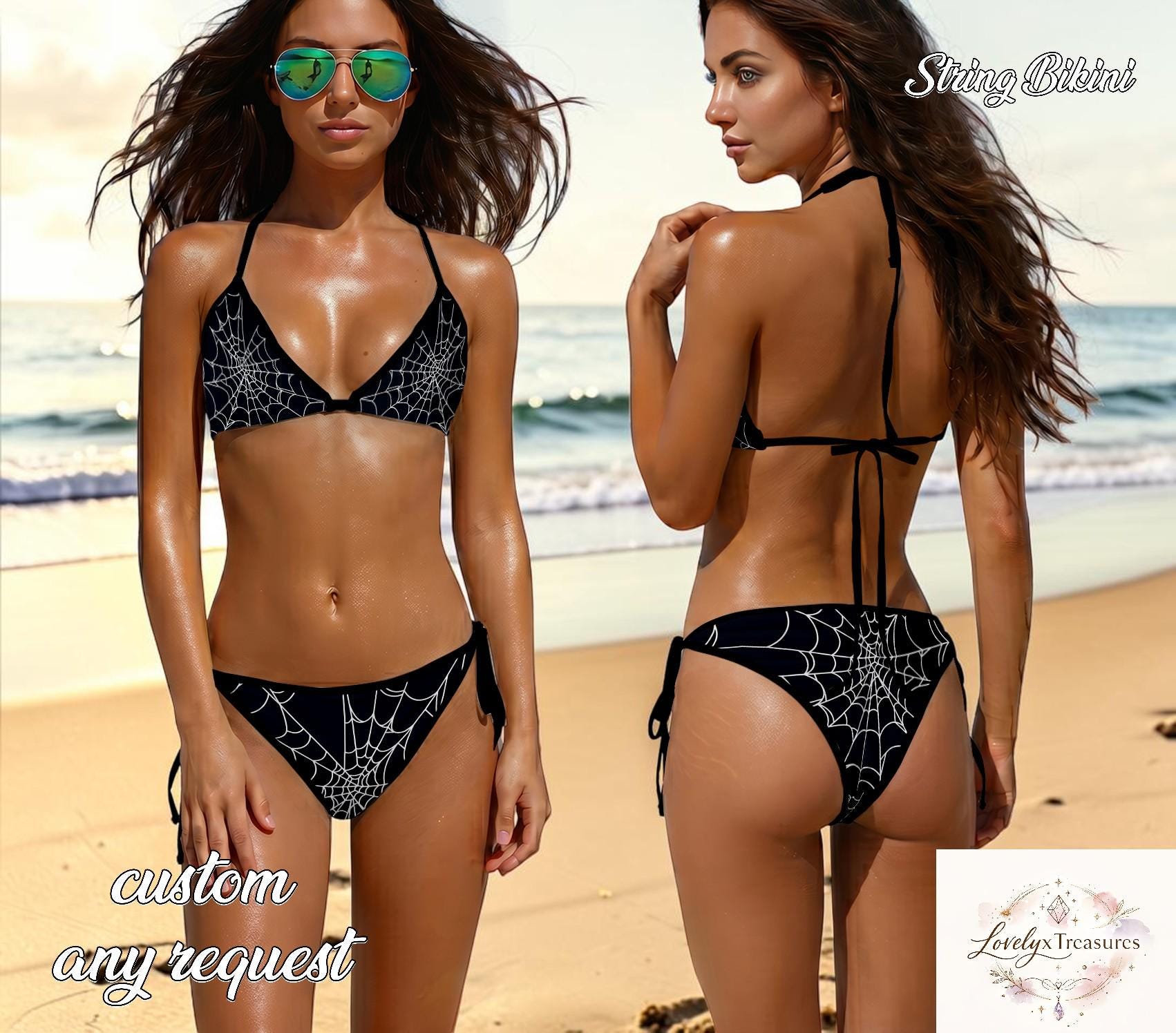 Spider Web Bikini Set, Black Goth String Bikini, Halloween Triangle Swimsuit, Sexy Tie Side Beachwear