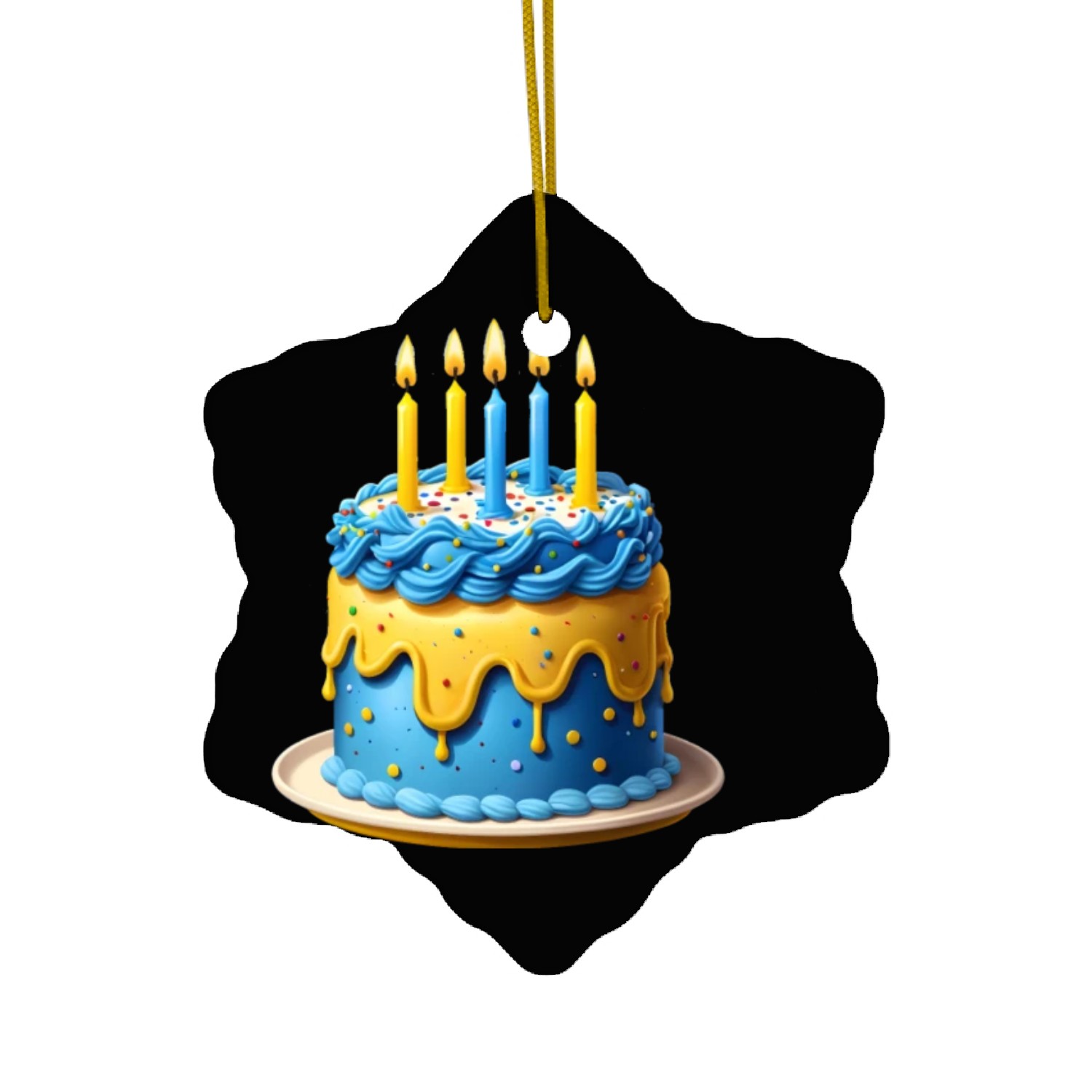 Blue and yellow birthday cake Ceramic Ornaments
