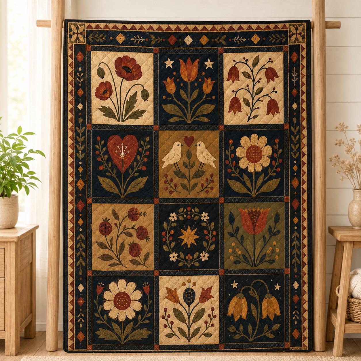 Folk Art Floral Quilt Blanket, Primitive Americana Botanical Bedspread, Farmhouse Quilt