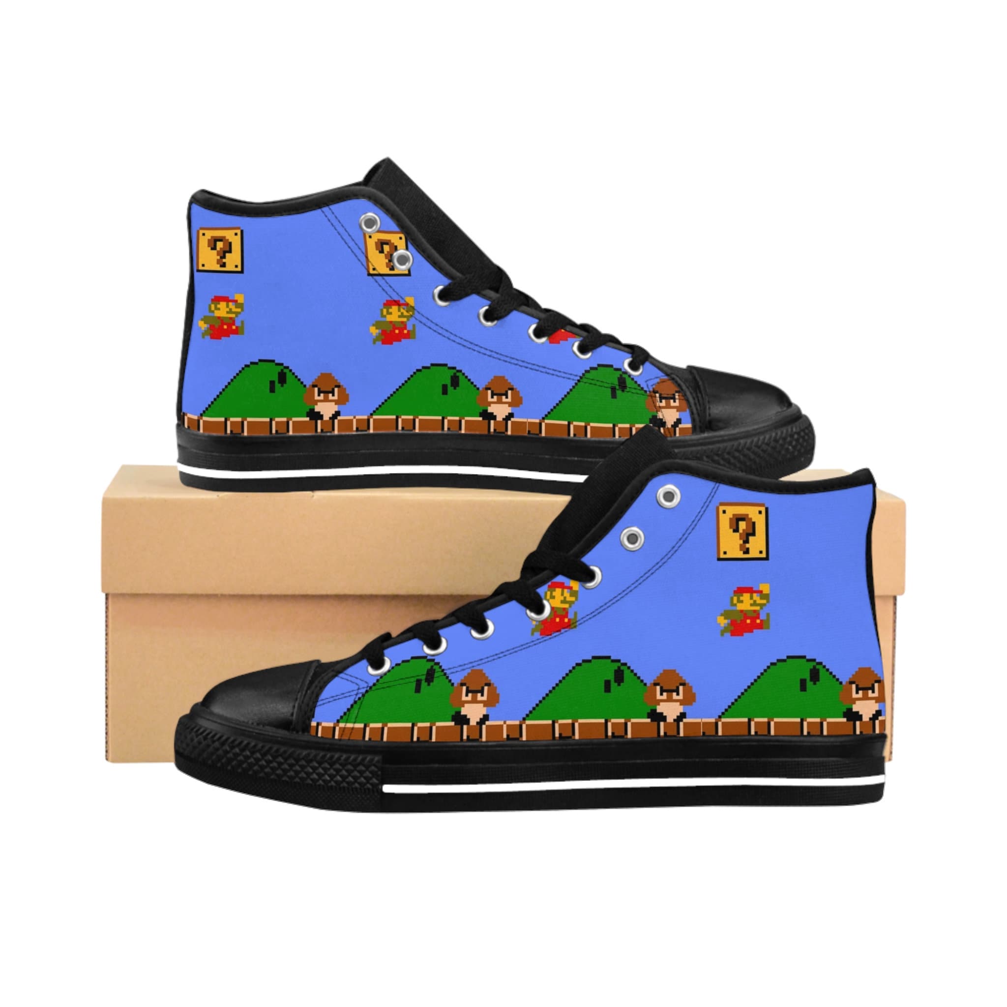 Retro Mario Shoes, Men's Classic Sneakers, High top shoes, Cool custom video game shoes, Mario, Vintage video game scene, Retro high tops