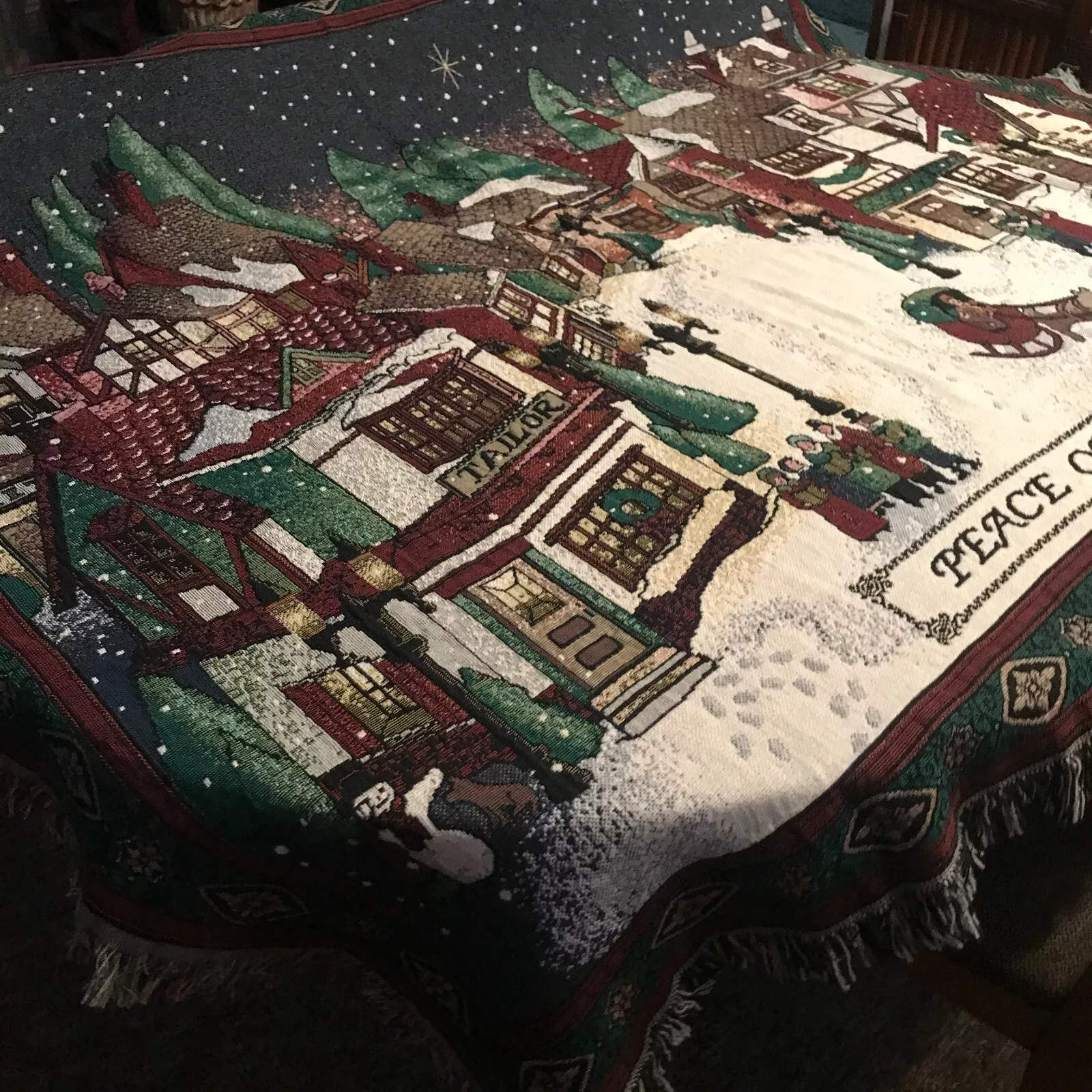 Vintage Knit Woven Throw Blanket Christmas Fringe Edge PEACE ON EARTH VILLAGE