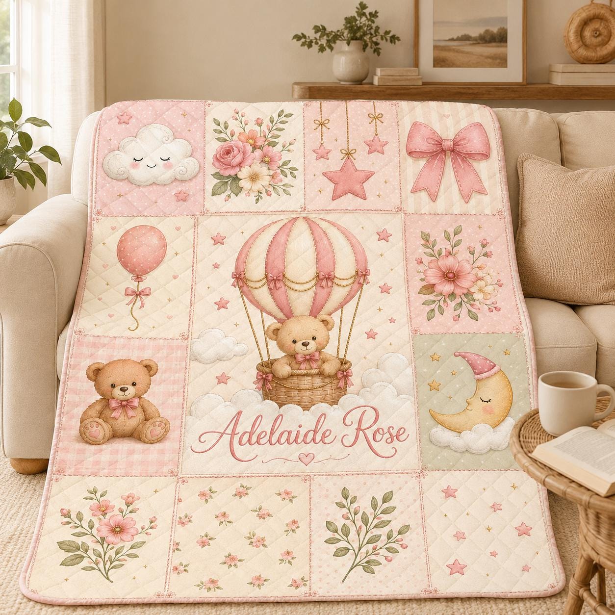 Personalized Teddy Bear Quilt Blanket, Custom Name Hot Air Balloon Baby Nursery Quilt