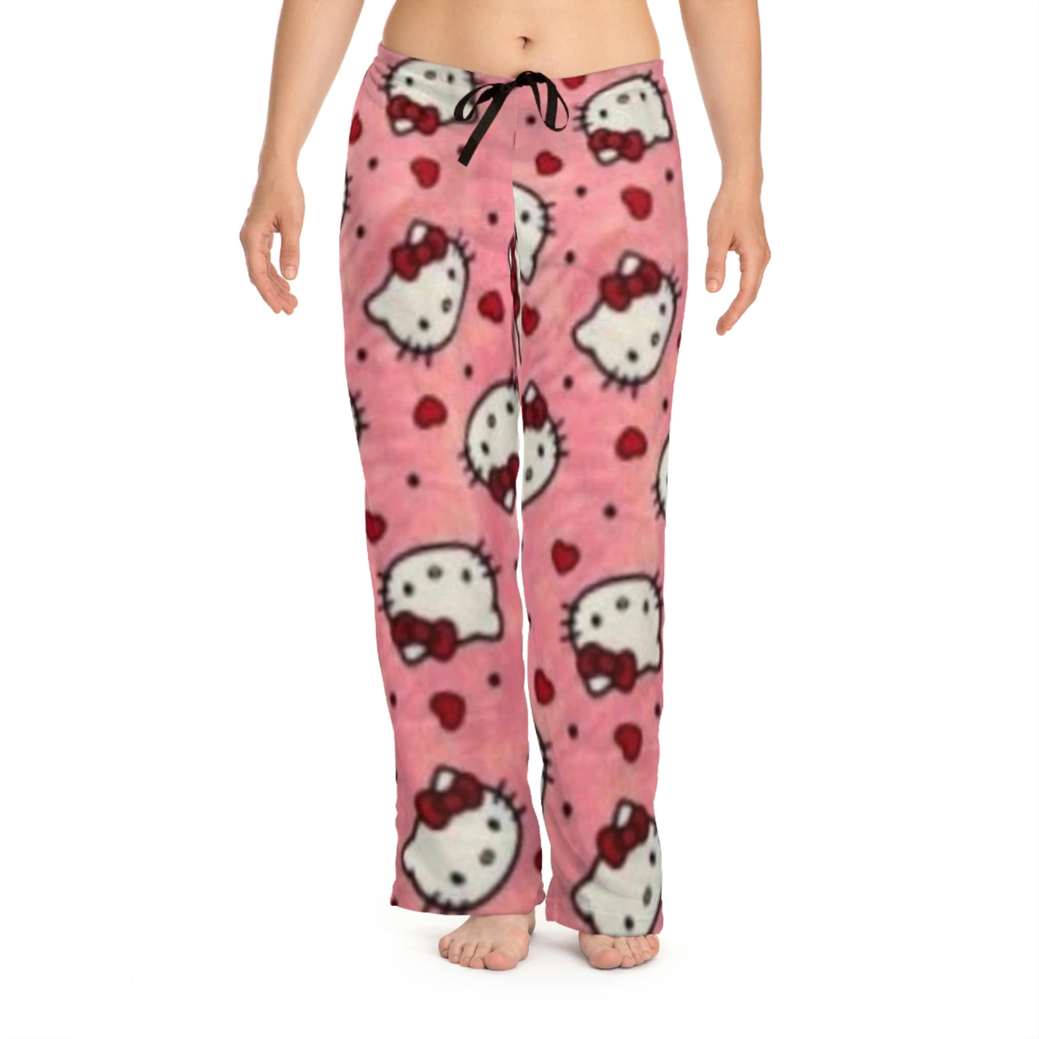 Retro Valentine Hearts love pink Kitty Pajama Pants Lounge sleep Cozy Holiday Anime Gift
