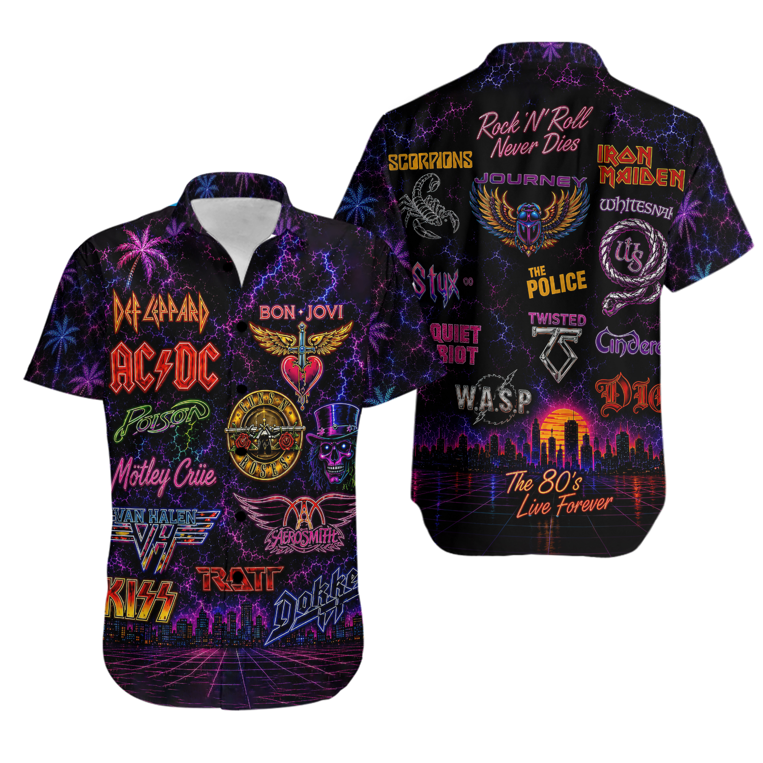 80s Rock Band Collage Neon Light Hawaiian Shirt