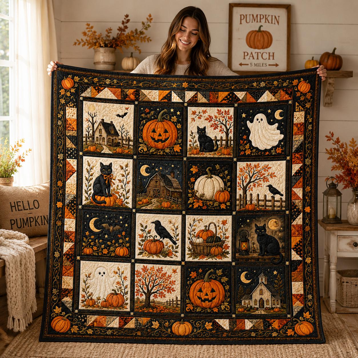 Halloween Garden Quilt Blanket, Witch Broom Cauldron Candle Bat Moon Pumpkin Black Cat Patchwork, Cozy Fall Bed Decor for Home