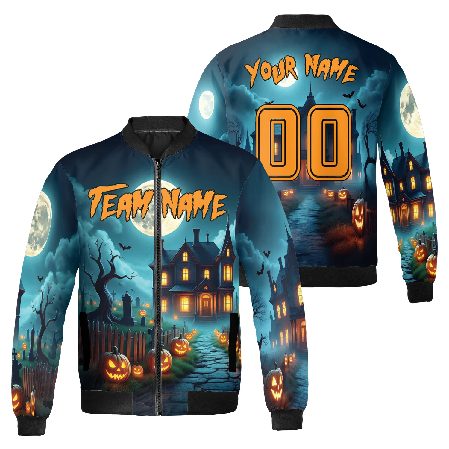 Personalized Spooky Haunted House Happy Halloween Bomber Jacket