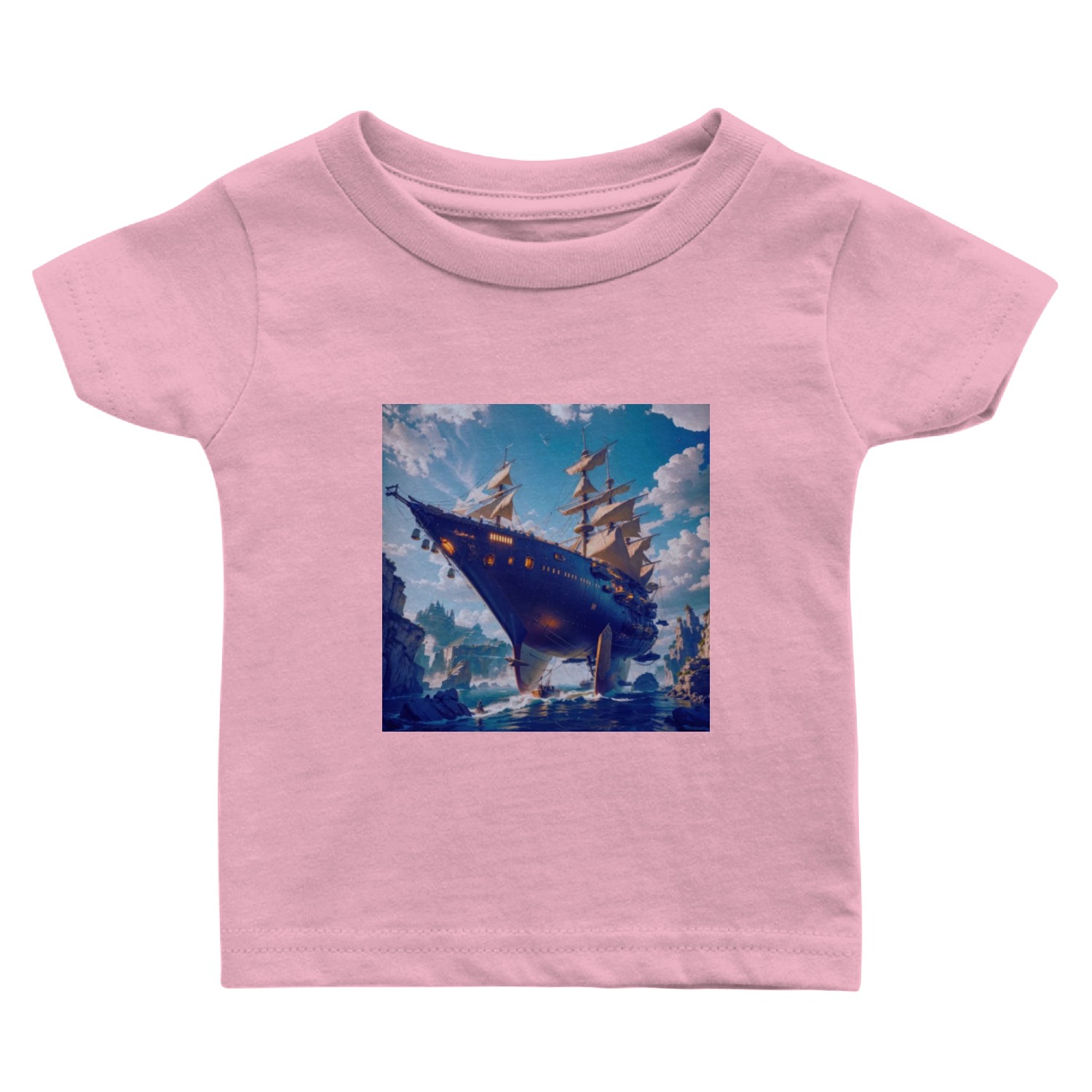 Steampunk Ship Sailing in Ocean with Castle Baby T Shirts