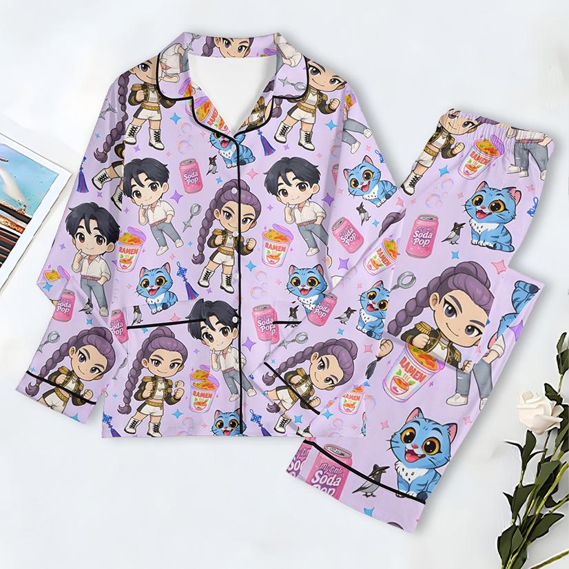 Kpop Demon Hunter Pajamas Set, Huntrix Girl Pajamas Set, Mira Rumi Joey Sleepwear, Demon Hunter Merch, Huntrix Fan Gift, Music Pajama Set