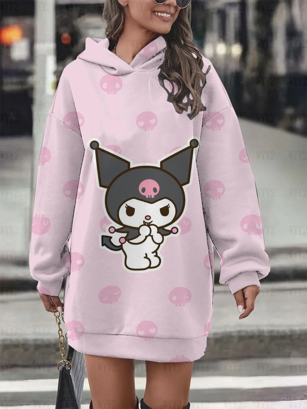 Women's Long Sleeve Hoodies Kuromi Printed Sweater Dress Autumn and Winter Casual Street Pullover Sweatshirt Women's Clothing