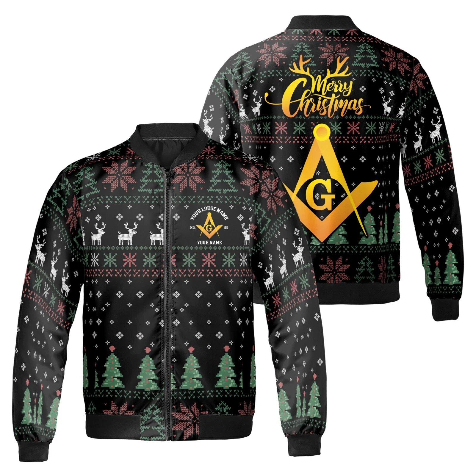 Customized Mason Pine Tree Reindeer Antler Pattern Christmas Bomber Jacket