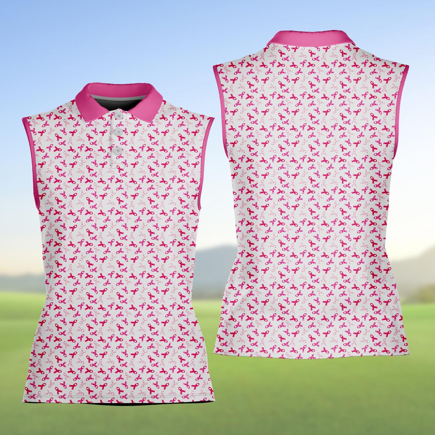 Women's Sleeveless Breast Cancer Awareness Pink Ribbon Polo Shirt, Breast Cancer Support Outfit