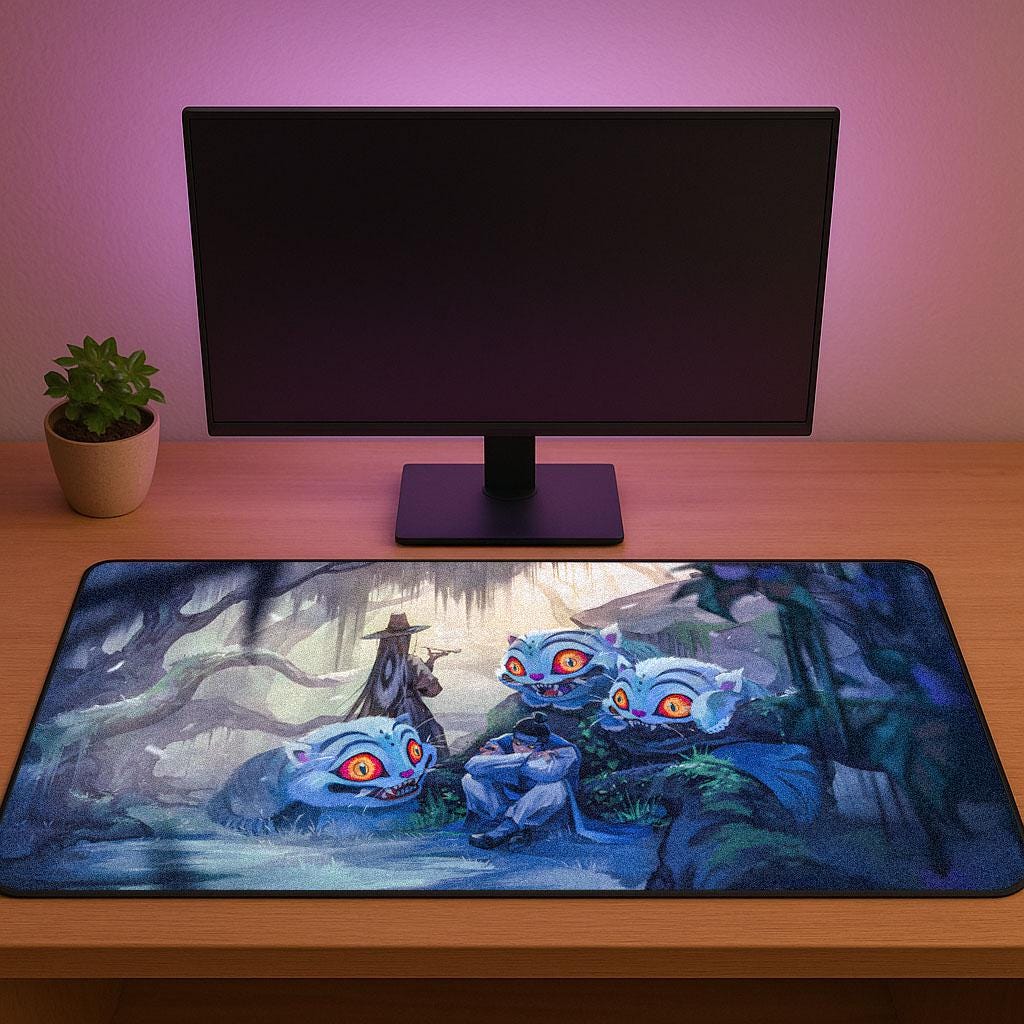 Friendly Demon Cat Desk Mat | Kawaii Anime Gaming Mouse Pad | Cute Fantasy Fan Art & Gamer Gift