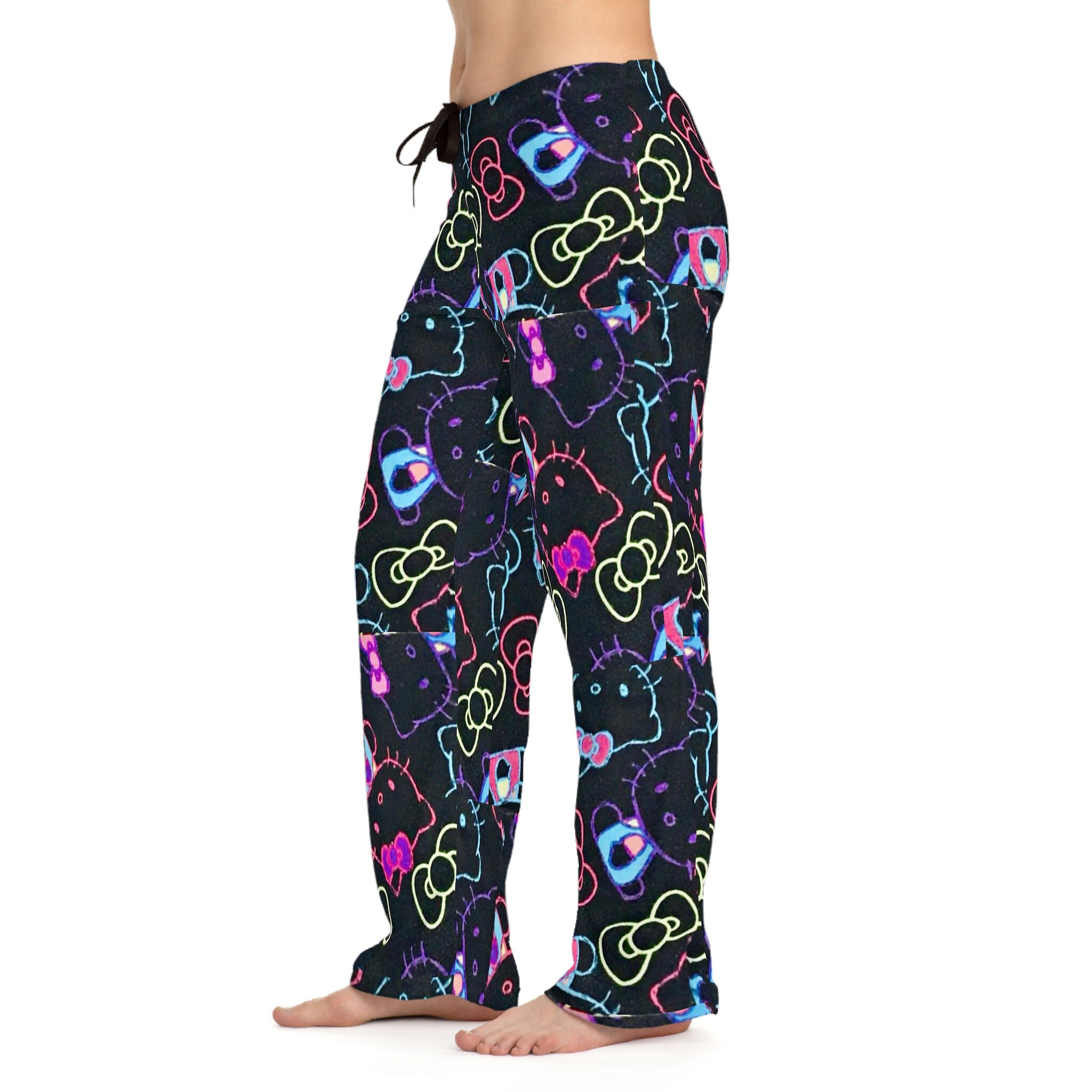 Retro Black Neon Kitty Pajama Pants Lounge Cozy Holiday Cat Cute Gift