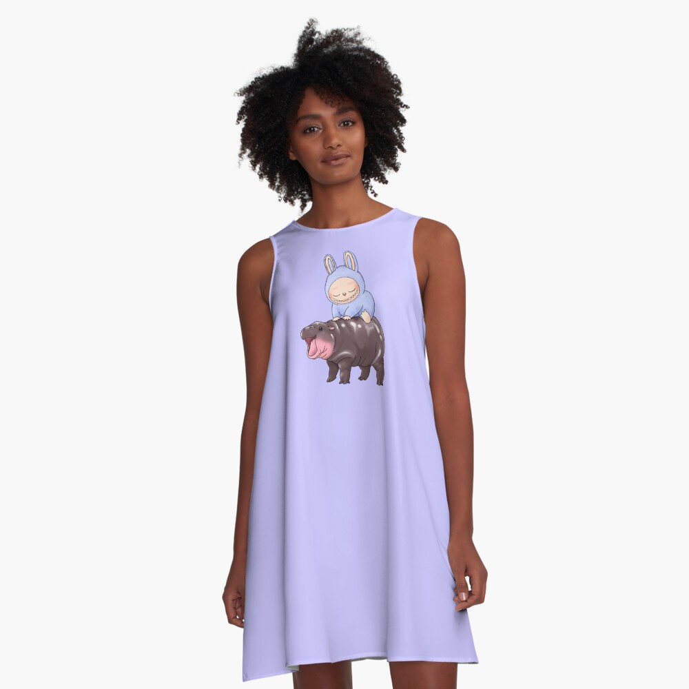 Labubu Riding Moo Deng Macaron Sea Salt Coconut Zizi Cute A-Line Dress, Gift for Her