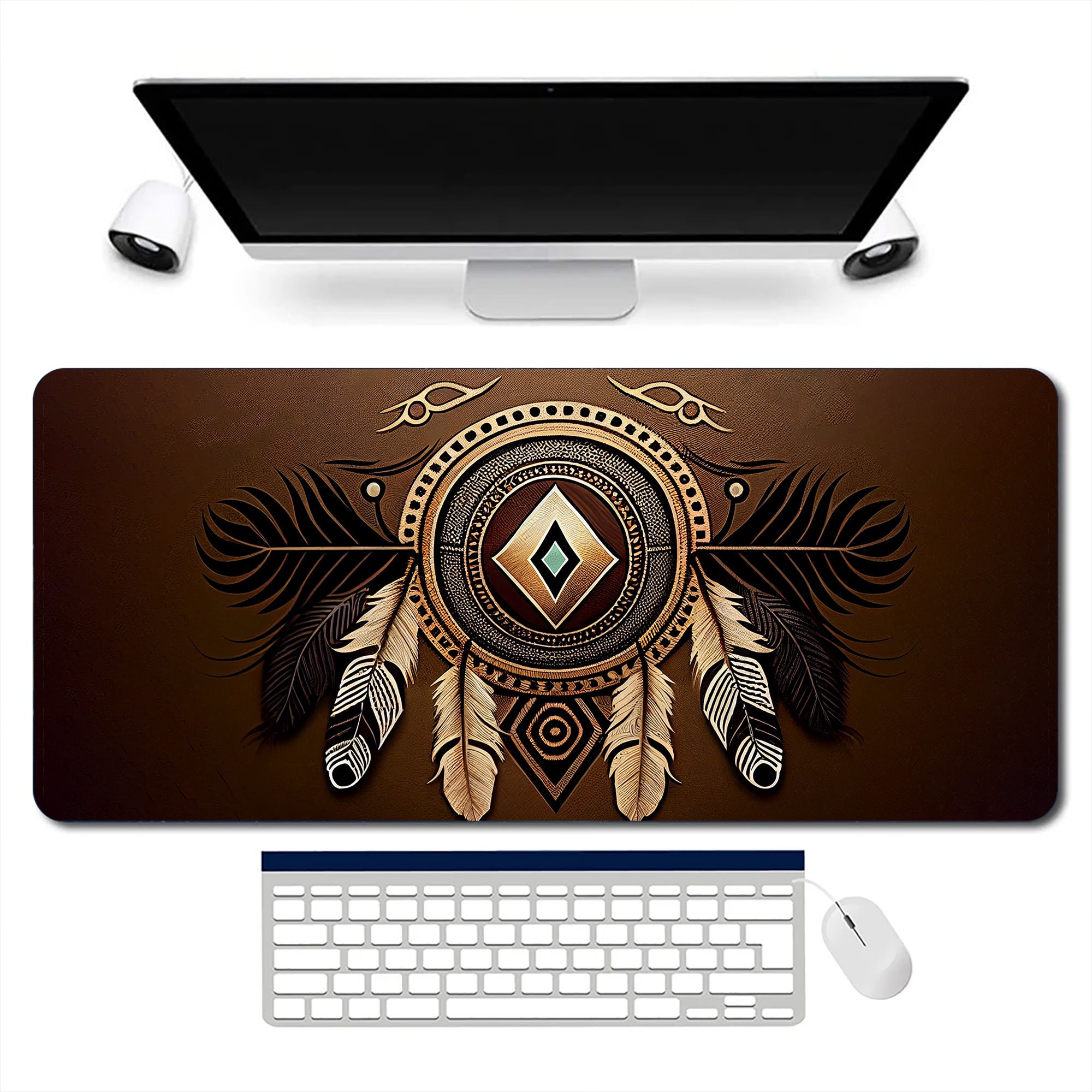 Native American Feather Crest Desk Mat, Aesthetic and Cute Green Deskpad