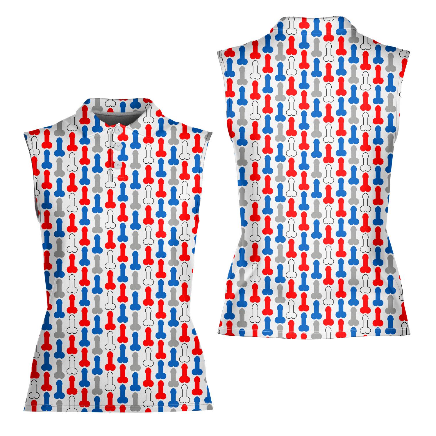 Women Sleeveless Patriotic Polo Shirt, Funny Novelty Print, Cheeky Gag Gift for July 4th Party