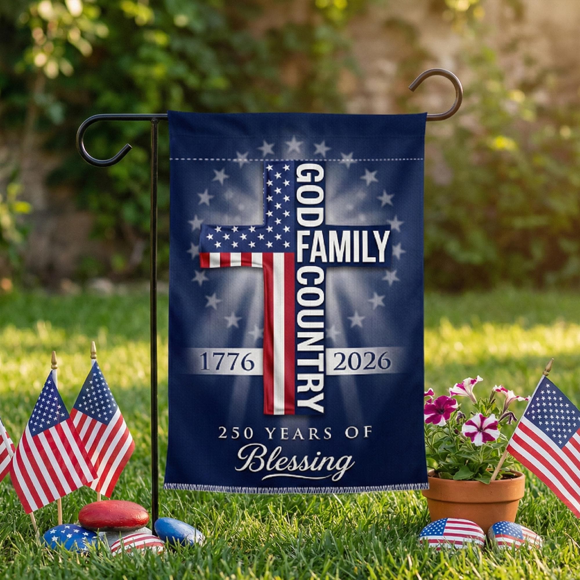American Faith Garden Flag Patriotic USA, 250th Anniversary, God Family Country Cross Outdoor Banner