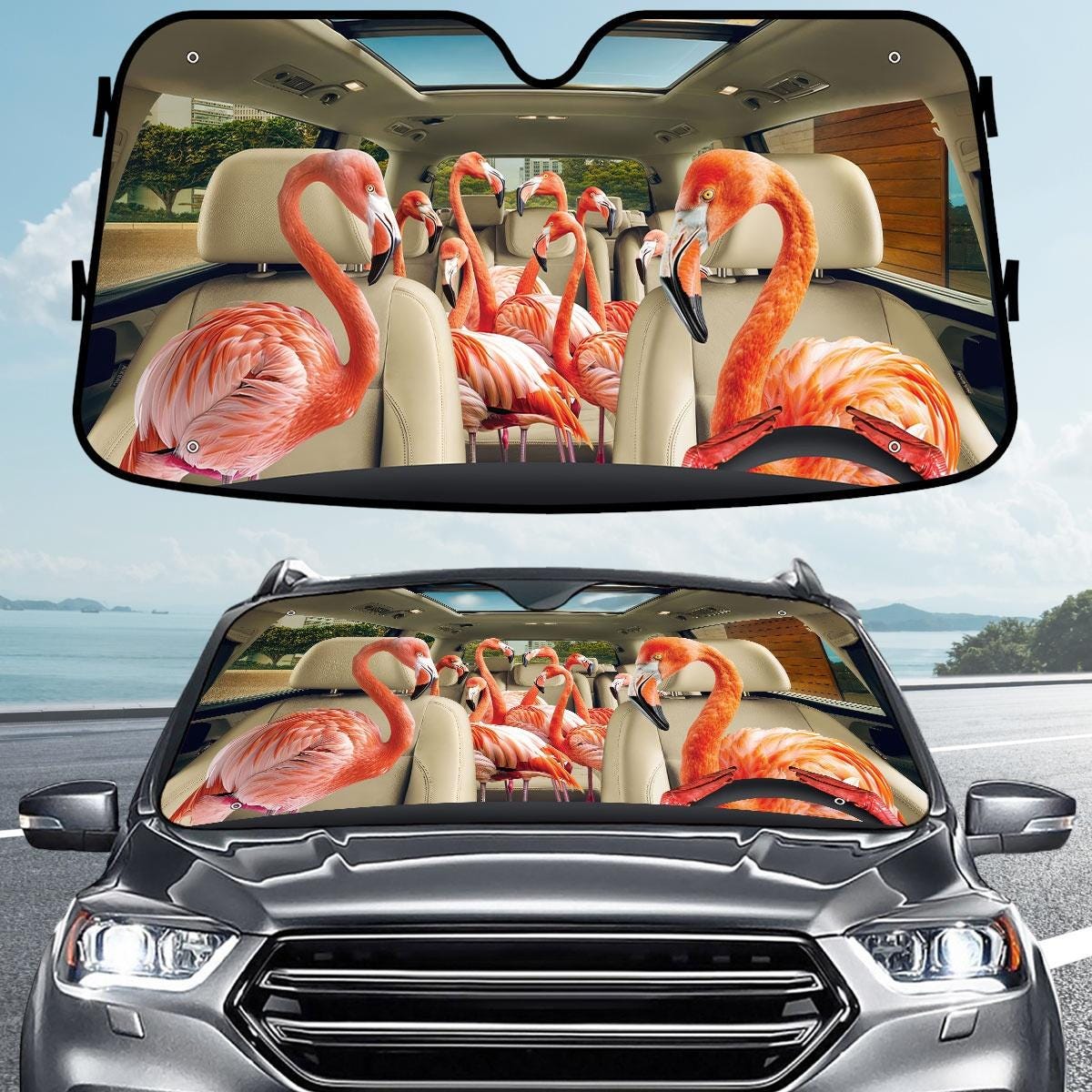 Flamingo Car Sunshade, Tropical Bird Windshield Cover, Cute Summer Car Visor, Funny Flamingo Car Decor, Animal Lover Car Cover