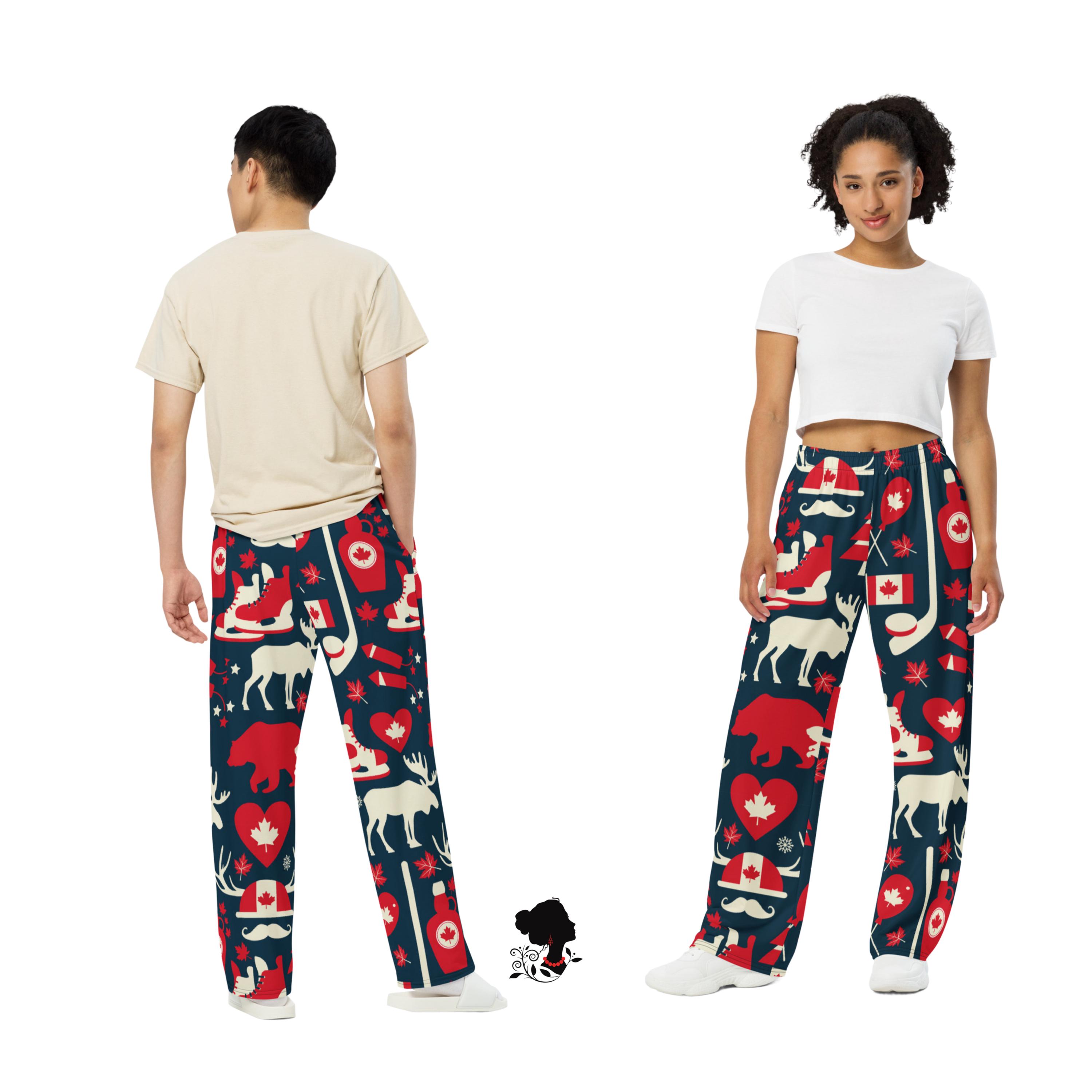 Festive Canadian Themed Unisex Lounge Pants, Cozy Christmas Wear, Wide Leg, Relaxed Fit, Elastic Waistband, Holiday Gift, Festive Trouser