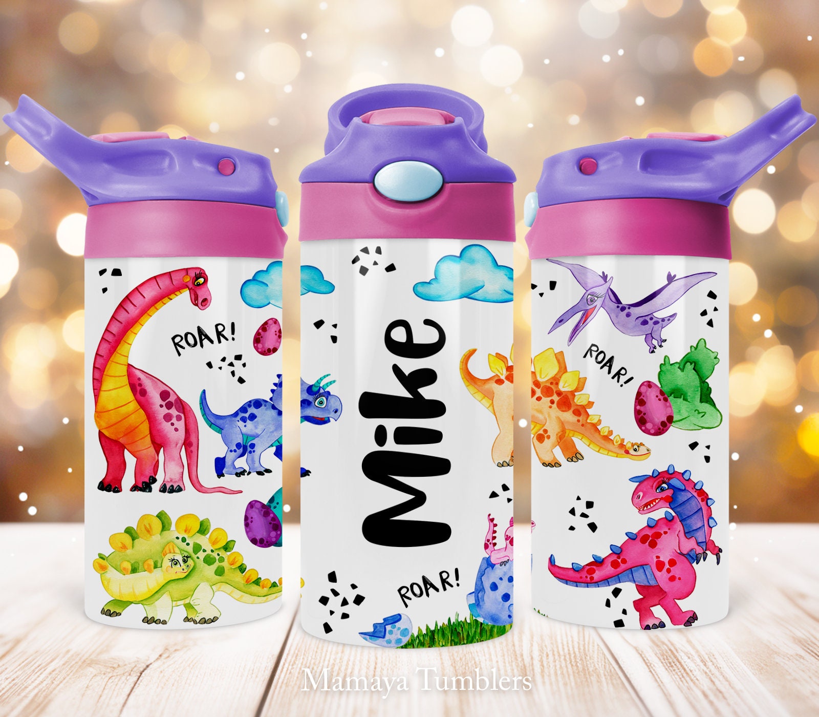 Dinosaur 12oz Kids Flip Top Sippy Cup Tumbler Wrap, Dino name Childrens Tumbler