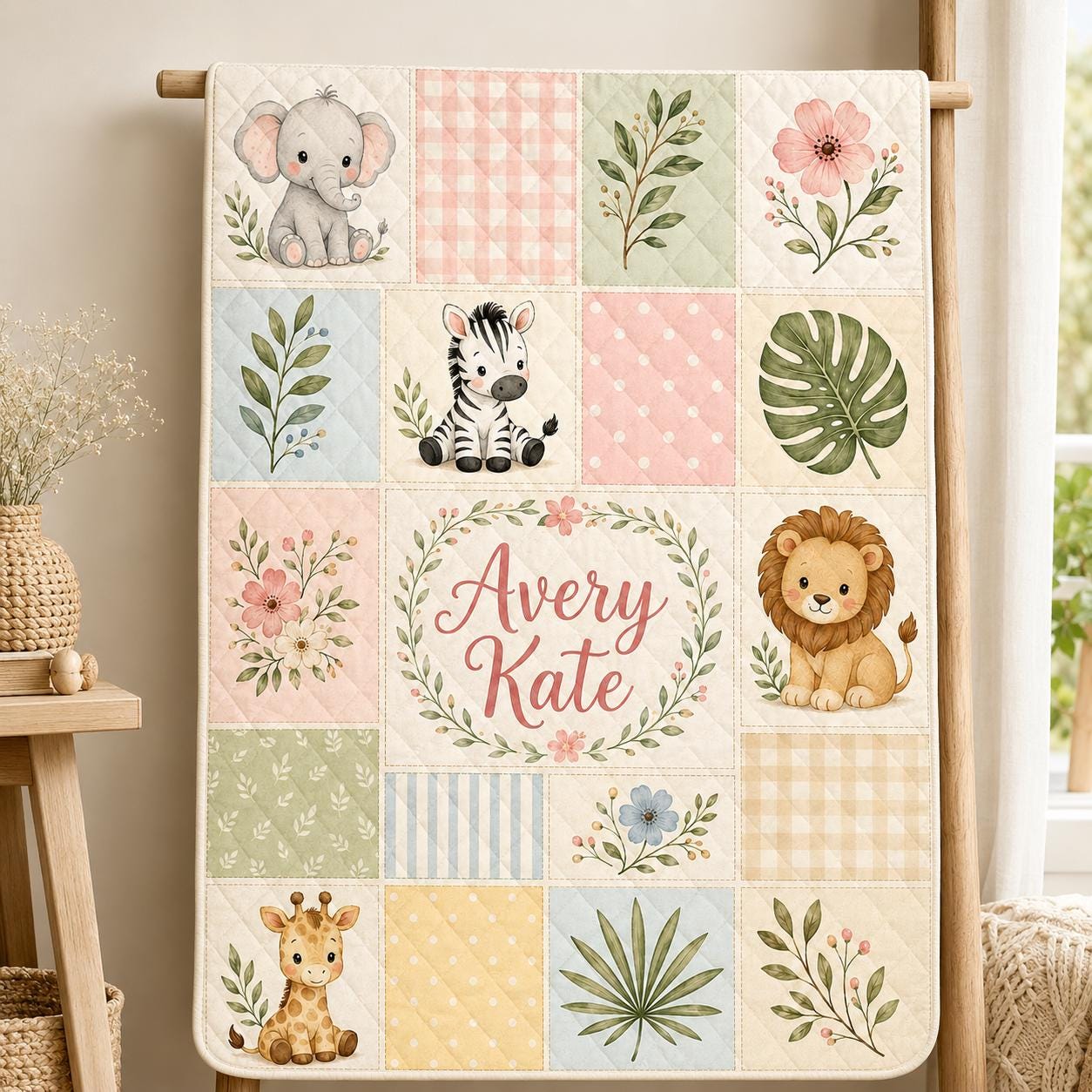 Personalized Safari Animal Quilt Blanket, Custom Baby Name Floral Nursery Quilt