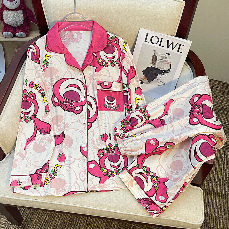 Cute Lotso Bear Women Pajamas Sleeve Button-Down Sleepwear Loungewear CARTOON