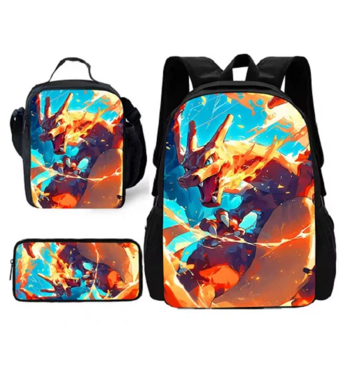Anime Charizard Backpack Set with Lunch Bag and Pencil Case, Fashion Backpack and Pencil Bag Gift