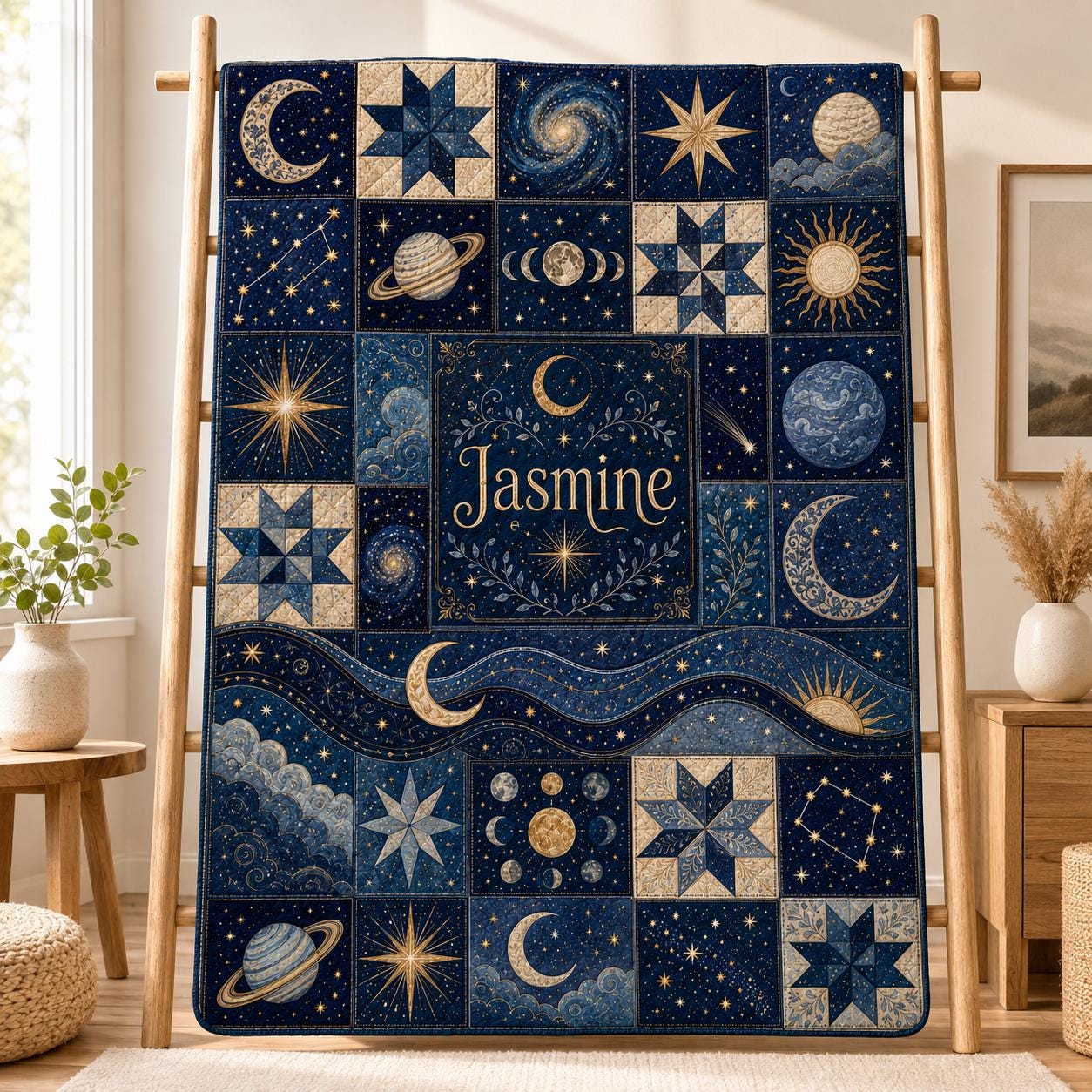 Personalized Navy Celestial Patchwork Quilt, Custom Name Moon and Stars Bedding Blanket