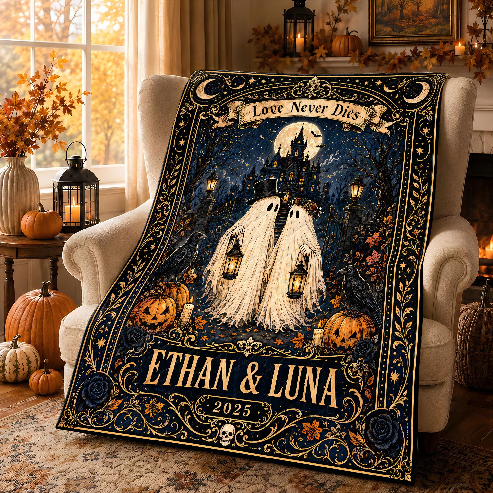 Personalized Ghost Couple Halloween Quilt, Custom Name Gothic Wedding Blanket, Love Never Dies Anniversary Keepsake